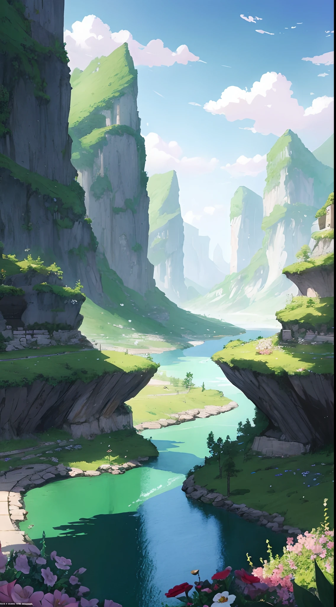 there is a painting of a river with flowers in the foreground, ross tran. scenic background, beautiful anime scenery, scenery artwork, anime landscape wallpaper, anime nature, anime landscape, 4k highly detailed digital art, anime countryside landscape, beautiful art uhd 4 k, anime beautiful peace scene, anime scenery, scenery art detailed, detailed scenery —width 672