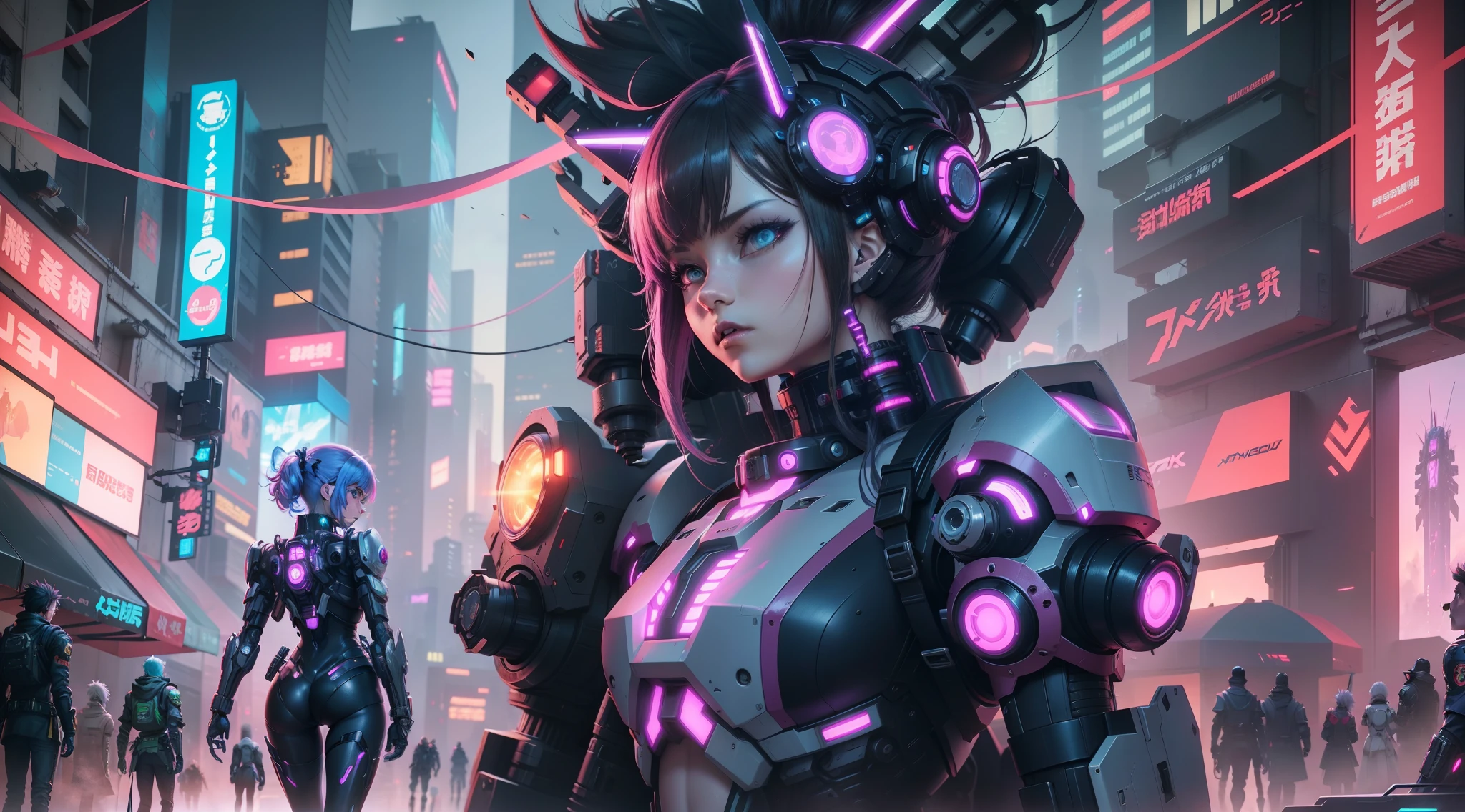 Anime characters in futuristic city with futuristic lights and giant robots, cyberpunk anime girl mech, Digital cyberpunk anime art, girl in mecha cyber armor, digitl cyberpunk - anime art, anime cyberpunk art, cyberpunk anime art, female cyberpunk anime girl, perfect anime cyborg woman, cyberpunk theme art, cyberpunk anime girl, female mecha, Advanced digital cyberpunk art, Cyberpunk art style