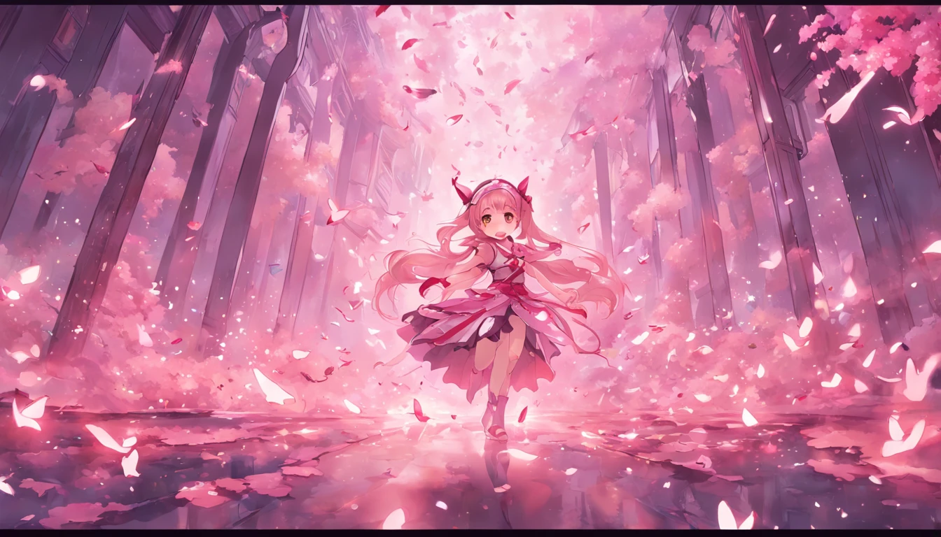 photoRealstic,She is a magical girl、Magic wand and magical creatures、Fight in the ruins of the city、Completely unbeatable cuteness、Cherry blossom petals