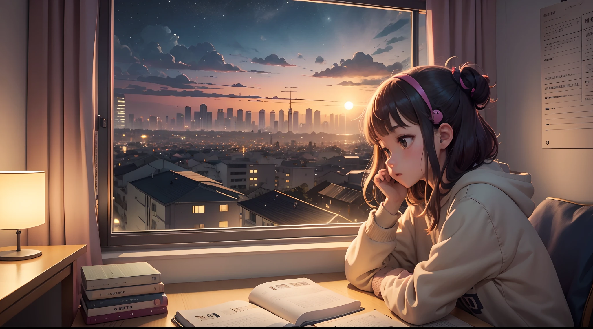 Lofi Music Anime Illustrations, uma menina em um quarto estudando, com livros, um notebook com uma pela vista de uma cidade a noite , listening to music while conceiving in studies, uma atmosfera agradavel e um pouco escuro o quarto --aut