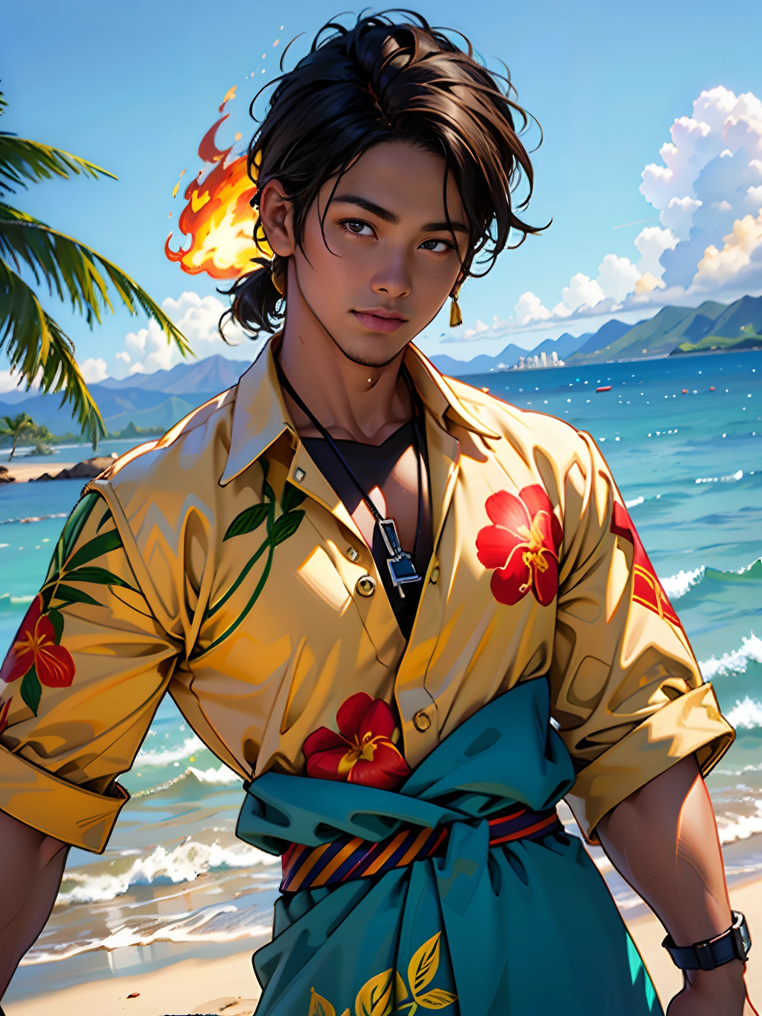 Hawaii Lahaina burning fire in the back, 1 Alien painting from the water view, style by Jaime Frias, Best quality, realistic, award-winning illustration in color, (complicated detail: 1.2), (fine detail)
