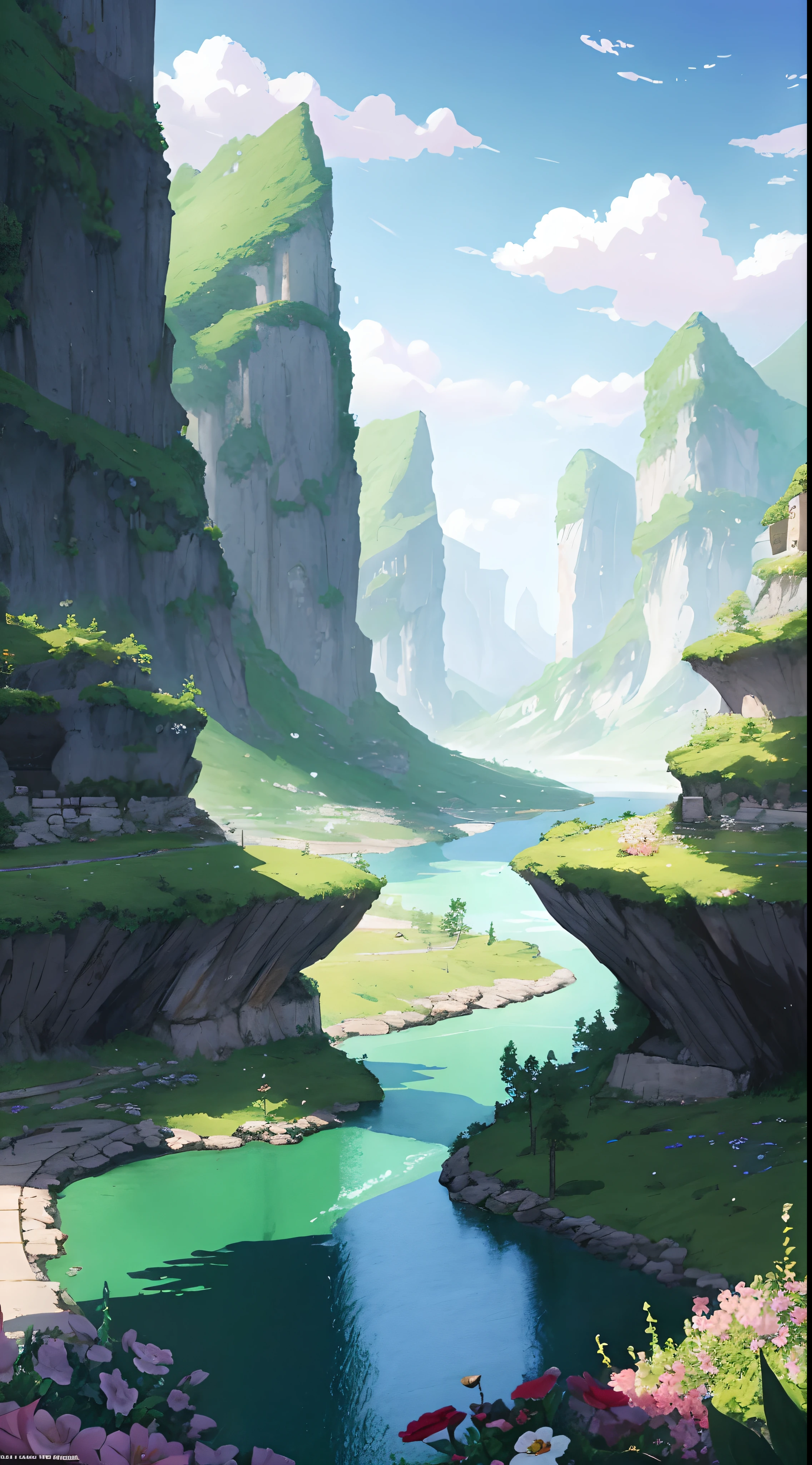 there is a painting of a river with flowers in the foreground, ross tran. scenic background, beautiful anime scenery, scenery artwork, anime landscape wallpaper, anime nature, anime landscape, 4k highly detailed digital art, anime countryside landscape, beautiful art uhd 4 k, anime beautiful peace scene, anime scenery, scenery art detailed, detailed scenery —width 672