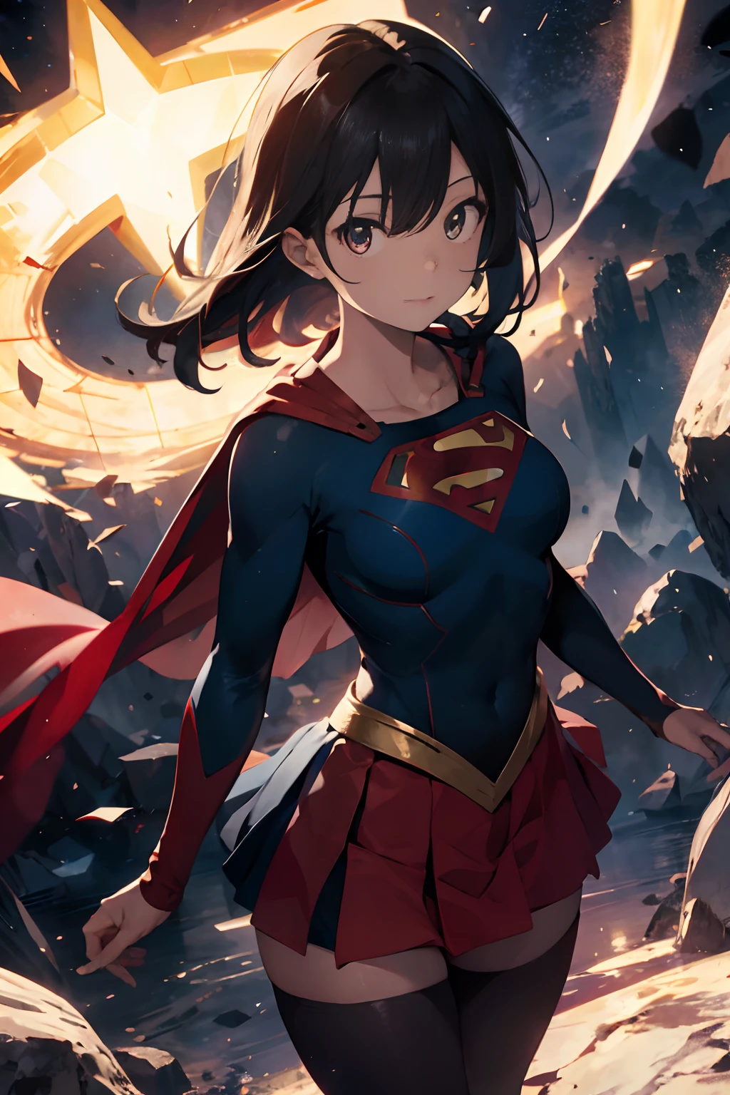 Two-dimensional painting style,Supergirl ,Image of a beautiful brunette woman with black eyes, HDR(HighDynamicRange), Ray traching, NVIDIA RTX, Hyper-Resolution, Unreal 5, Subsurface Dispersion, PBR Texture, Post-processing, Anisotropy Filtering, depth of fields, Maximum clarity and sharpness, Many-Layer Textures, Albedo e mapas Speculares, Surface Coloring, Accurate simulation of light-material interactions, perfectly proportions,rendering by octane,twotonelighting,largeaperture,Low ISO,White balance,trichotomy,8K RAW,The Superman S symbol is used on the chest,There are long and wide red capes,Wide red cape。