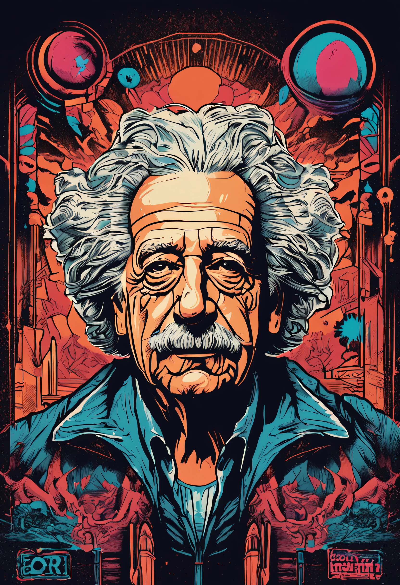 albert einstein , arte da camiseta, 2D, ((fundo preto )), vetor, vivid colors, master part, melhor qualidade, detalhes intrincados, perfect symmetrical face, Realistic details, gothic theme, luz de aro, luar, cinematic shading, Greg Rutkowisk