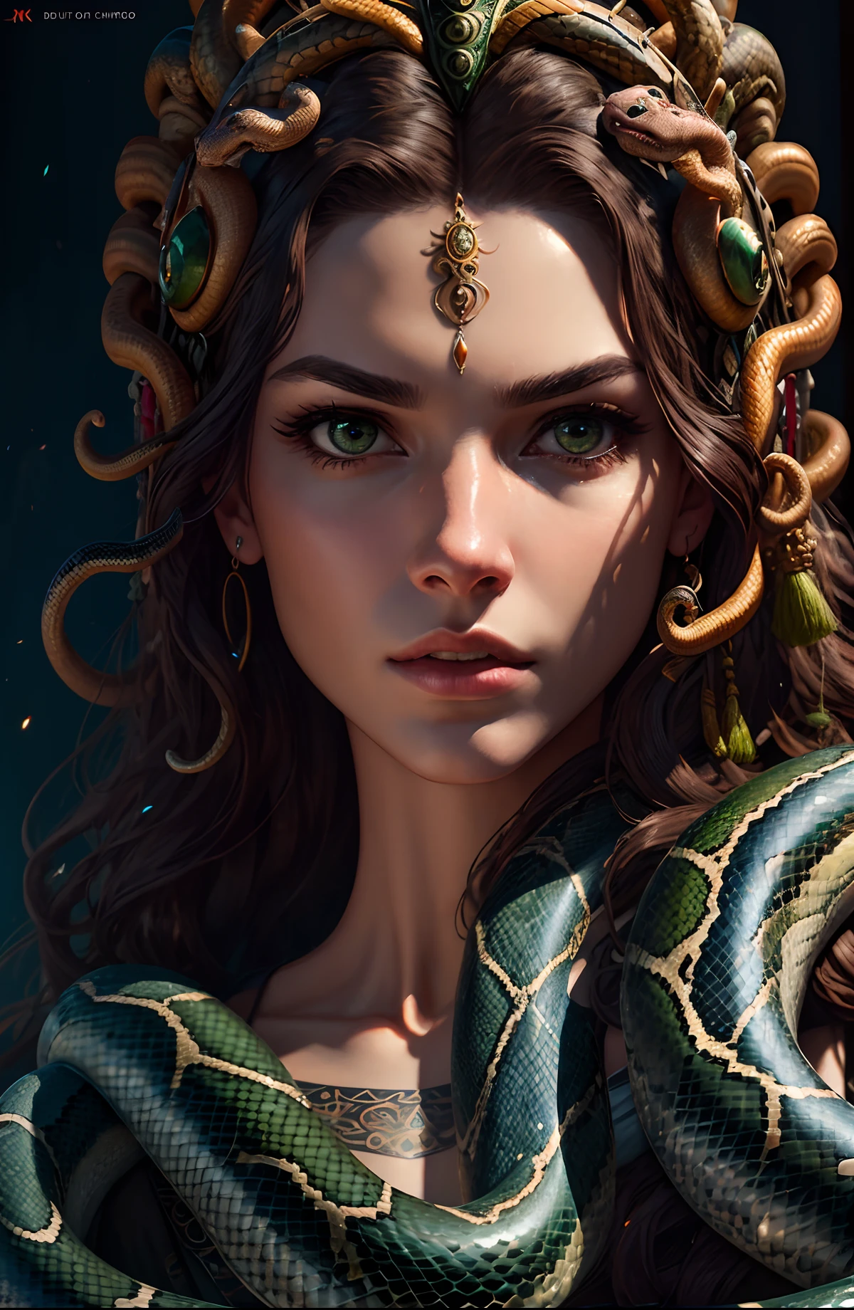 ((best quality)), ((masterpiece)), ((realistic)), beautiful Medusa (female face and upper body, snake tail), hair is composed of countless small snakes, green eyes, metal carved top, artstation trend on, sharp focus, studio photo, intricate detail, very detailed, detailed eye, illustration, very detailed, sharp focus, digital render, professional, 4k