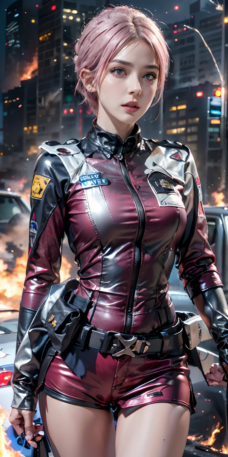 (Photorealistic, Ultra High Definition), ((close up:1, looking at viewer)), Soft light,1 police lady, Night City, (Detailed face), (Pink coiffed short-Hair: 1.3), (cloths color base on silver black pink red white), Futuristic Racing Suits, Police costume like Streetwear, police badge, High-Tech Headset, black army belt, racing gloves, hot pants or low miniskirts, holding a handgun, "POLICE", ((Background crashed cars, burning car, fire background, Explosions, Running Audience)),