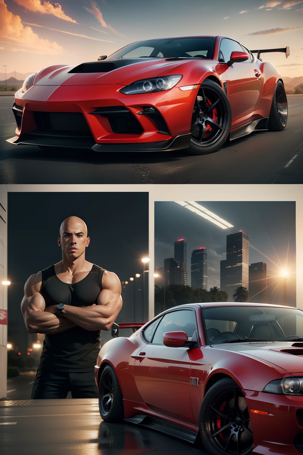 make a poster of the movie Fast and Furious , plus a sport red car