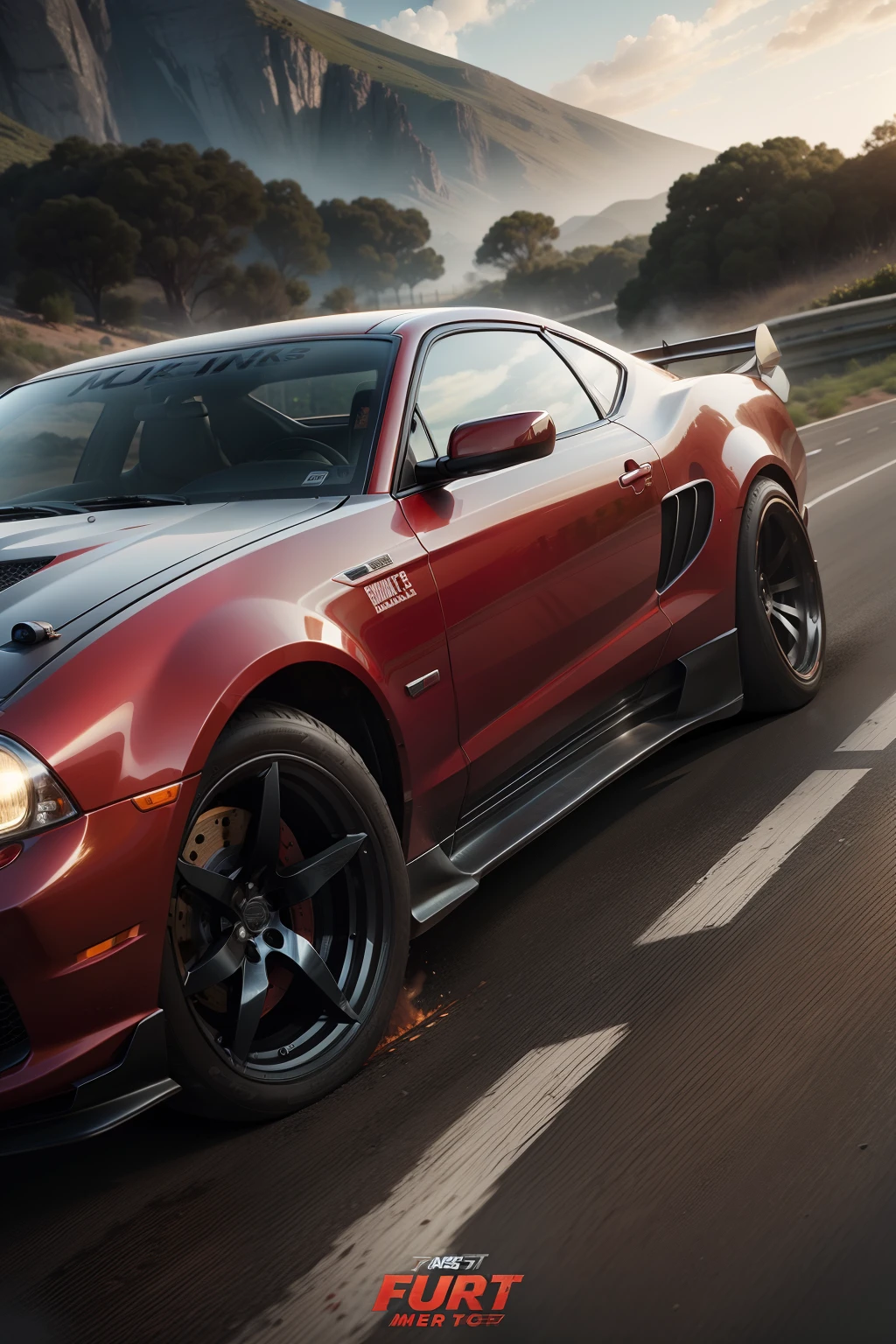 make a poster of the movie Fast and Furious , plus a sport red car