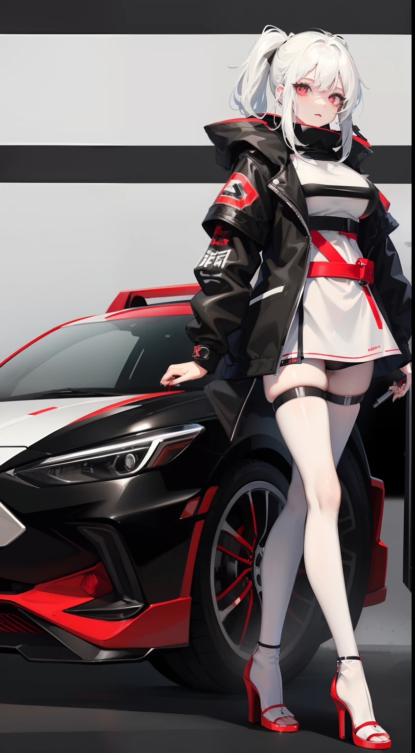 full body Esbian, Anime Girl, White hair, Black eyes, Black and white and red techwear clothes, brack、White the、Red Accessories、Racing cars of the near future、Neon and laser beam stadium、Red Long High Heels