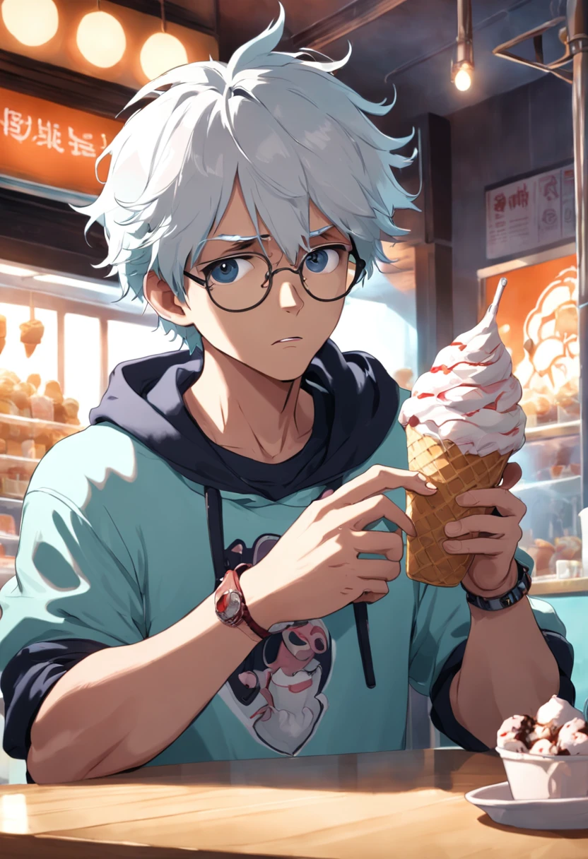 A trendy white-haired man with a hoodie and glasses, savoring a delicious ice cream while engrossed in his phone at a hip ice cream parlor.
