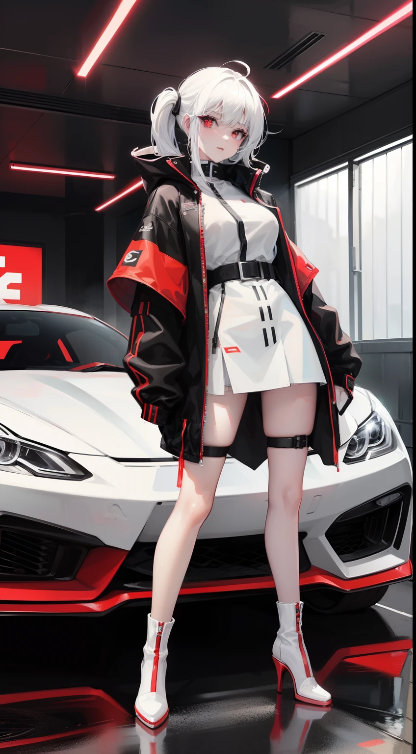 full body Esbian, Anime Girl, White hair, Black eyes, Black and white and red techwear clothes, brack、White the、Red Accessories、Racing cars of the near future、Neon and laser beam stadium、Red Long High Heels