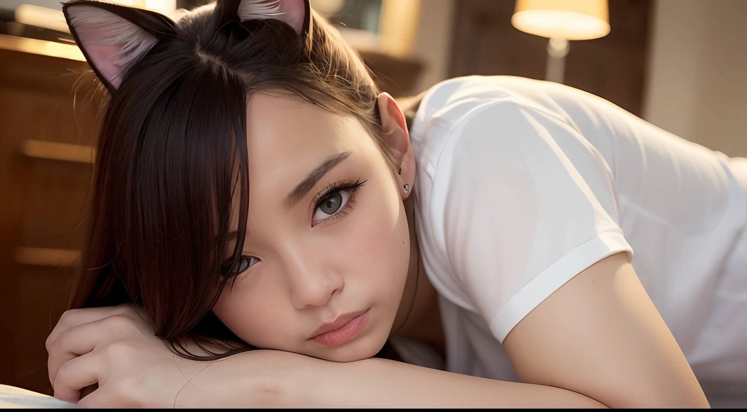 (Raw photography、top-quality)、(realisitic)、(Cat's ears:1.2)、top-quality、masterpiece、extremely delicate and beautiful、ighly detailed、nffsw、Unity、2k wallpaper、detaile、masterpiece、top-quality、huge filesize、ultra-detailliert、hight resolution、ighly detailed、1girl in、Slim body、(Short sleeved shirt:1.1)、(uniformss:1.1)、(pleatedskirt:1.1)、Porcelain Skin、(Brown hair)、see the beholder、close up of face、straight haired、 extra detailed face, extremely detailed eye, Smile, Sateen ,