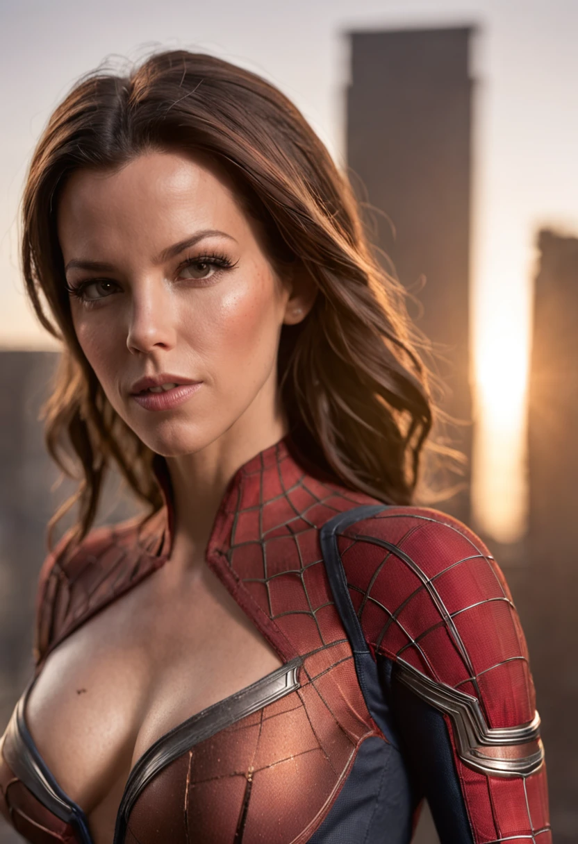 Kate Beckinsale in detailed brown Spider-Man costume, large breasts, superhero pose, standing in ruined city at sunset, hyperdetailed, smoke, sparks, sunbeams, (8k), realistic, symmetrical, award-winning, cinematic lightning, soaked, film, 75mm, scratches, full body shot, close-up, torn and dirty clothes, detailed face,