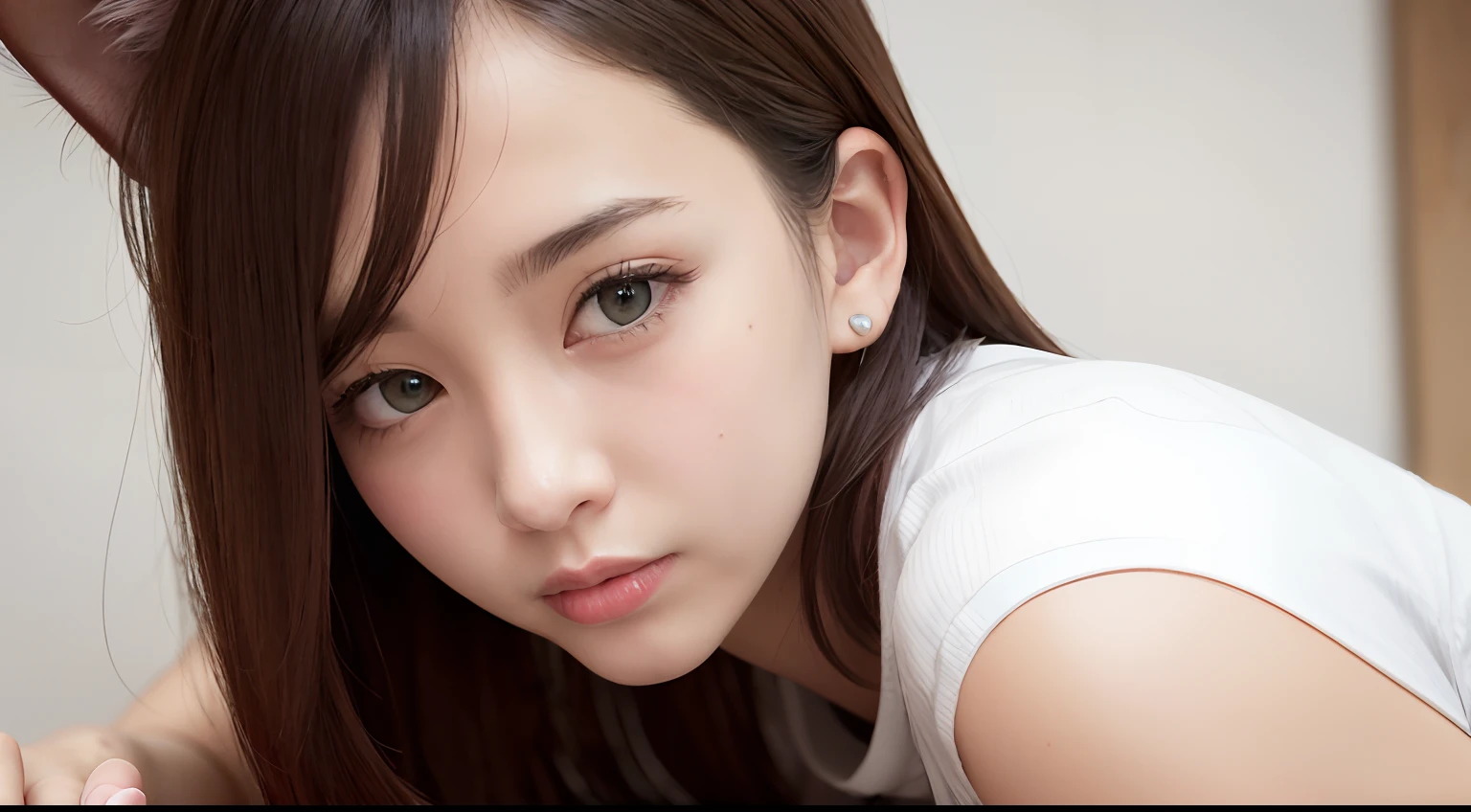 (Raw photography、top-quality)、(realisitic)、(Cat's ears:1.2)、top-quality、masterpiece、extremely delicate and beautiful、ighly detailed、nffsw、Unity、2k wallpaper、detaile、masterpiece、top-quality、huge filesize、ultra-detailliert、hight resolution、ighly detailed、1girl in、Slim body、(Short sleeved shirt:1.1)、(uniformss:1.1)、(pleatedskirt:1.1)、Porcelain Skin、(Brown hair)、see the beholder、close up of face、straight haired、 extra detailed face, extremely detailed eye, Smile, Sateen ,
