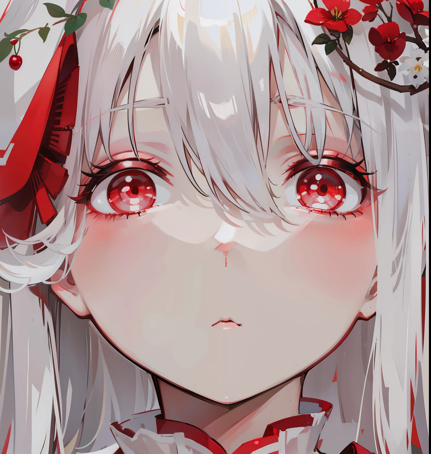 Creamy white hair,Deep red pupils,Bigchest,Red and white clothes,A cute and cute rune cultivator girl