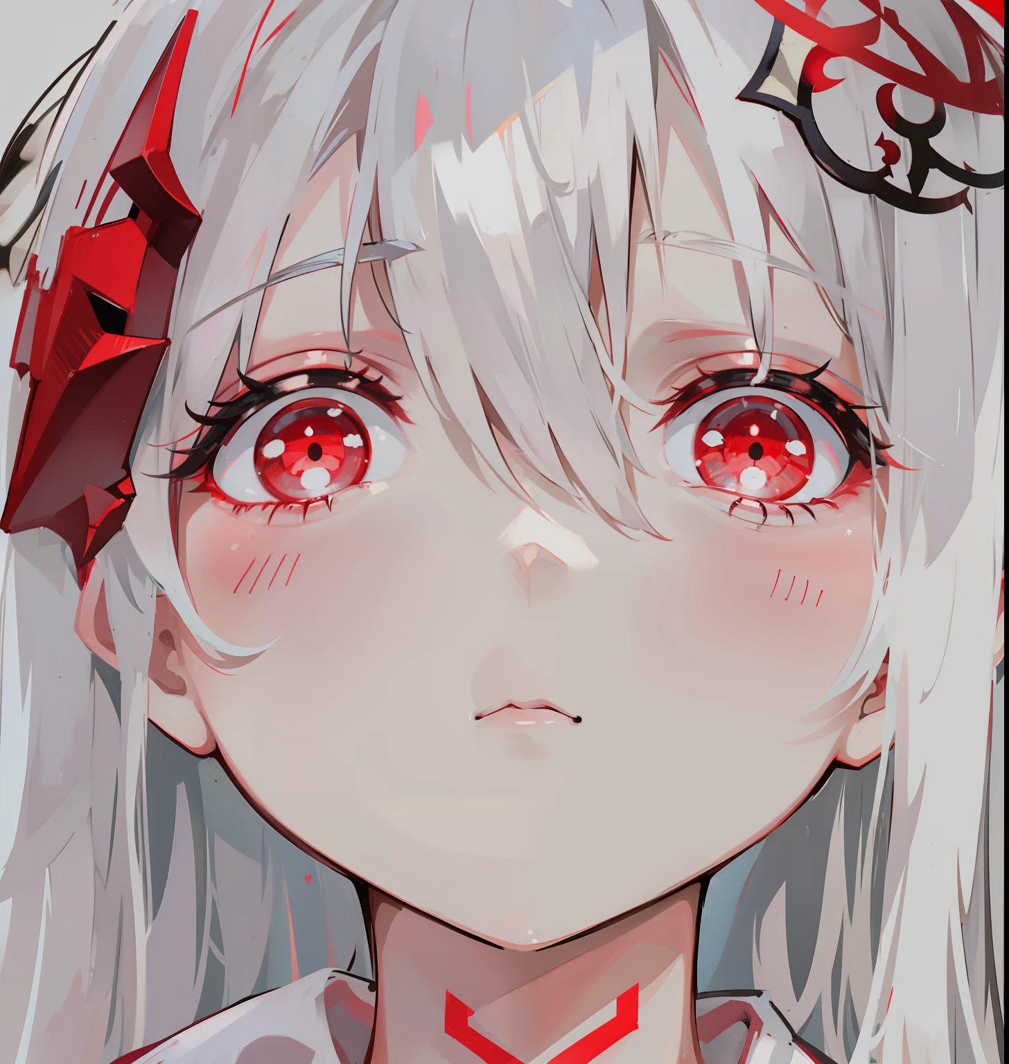 Creamy white hair,Deep red pupils,Bigchest,Red and white clothes,A cute and cute rune cultivator girl