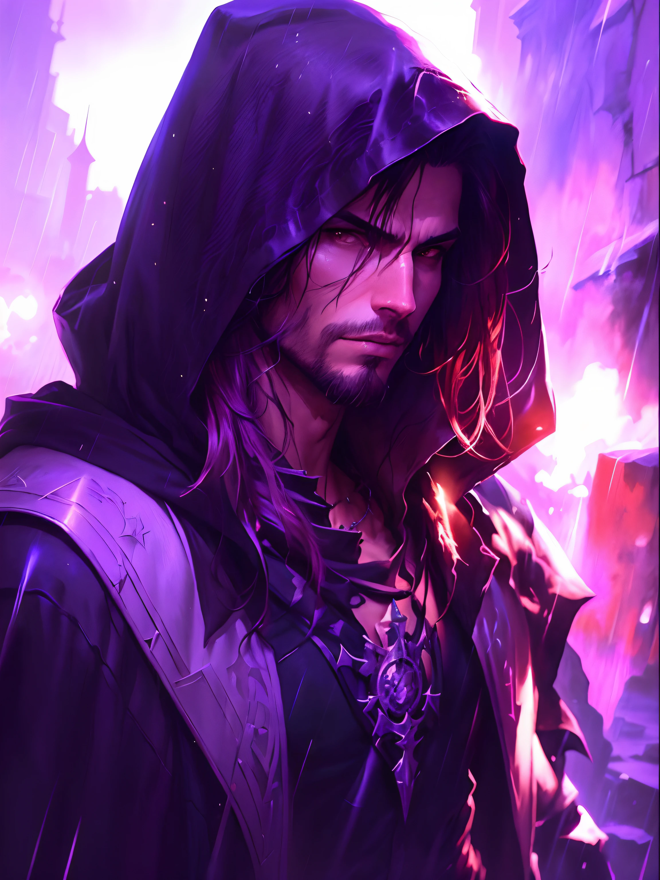 There's a hooded man standing in the rain, Pintado por Andreas Rocha, Epic fantasy art style, Sylas, Epic Fantasy Digital Art Style, Estilo Andreas Rocha, mago armadura de peito, retrato de um mago, Gaston Bussiere e Artgerm, retrato masculino da fantasia, epic RPG portrait, mago, Guilherme H. Pongiluppi