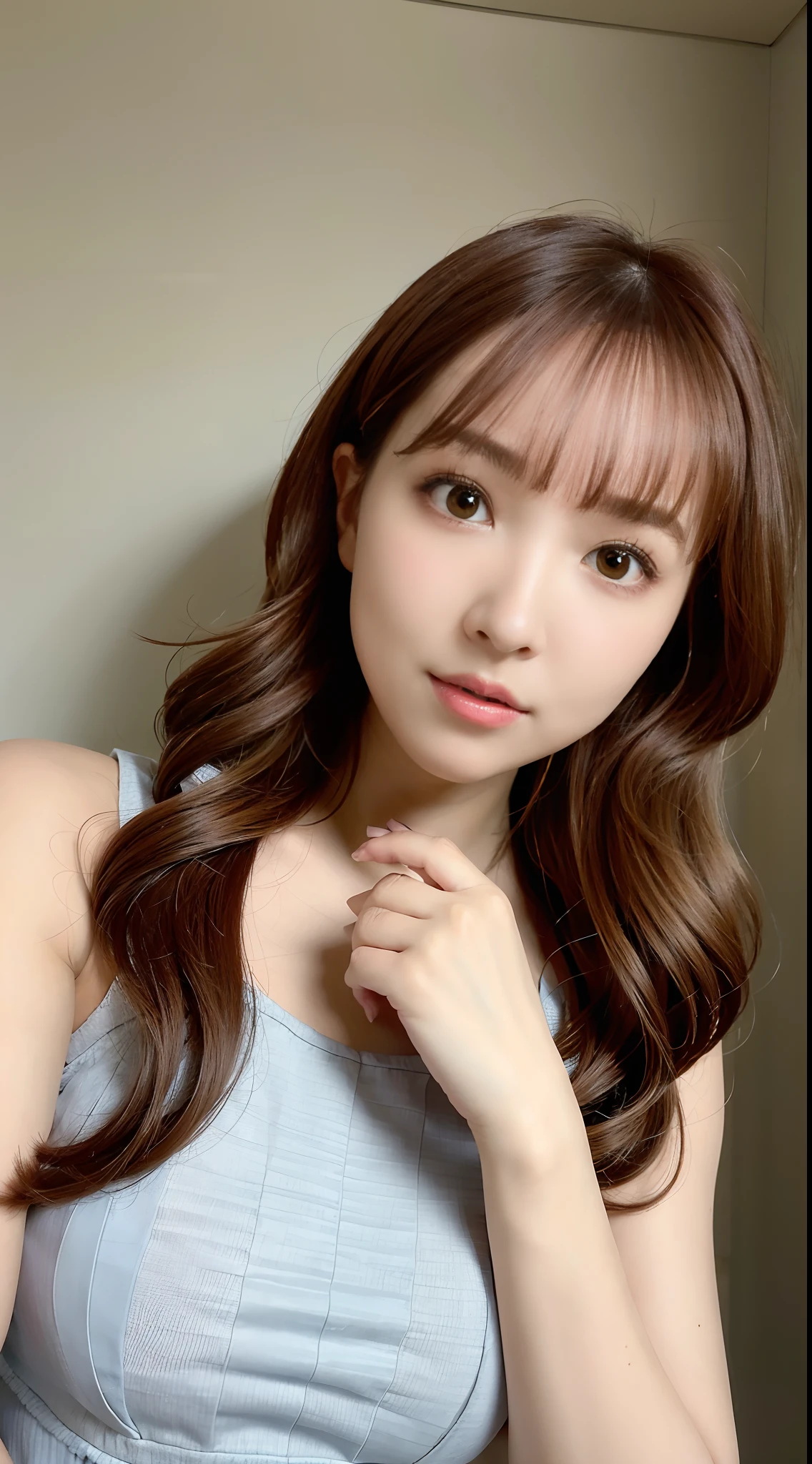 iulora， 1girll， 独奏， full bodyesbian，realisticlying， best qualtiy， nikon RAW photo，8 k''，富士XT3，tmasterpiece，超高分辨率，hdr，8K分辨率，Shot，（realisticlying：1.4），（Realistic damp skin：1.2），（22yo：1.3），Detailed eyes，long whitr hair，（light-blonde hair：1），closeup portrait，Stand in front of the comfortable bedroom，middlebreast：1.1，shift dresses：1.1，Use Midjourney's advanced brush tools to create subtle details on dresses and facial contours，Shy，Raised sexy，Lovely，is shy，Look at the lens at a 45-degree angle on your face，Professional model pose，realisticlying，Qi bangs，Small face