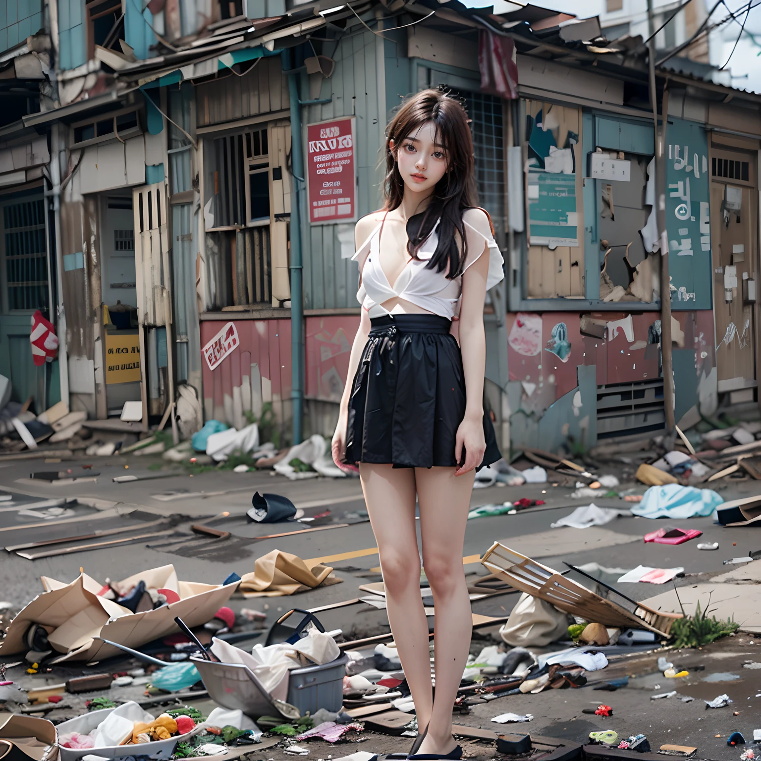 Highest image quality，best qualtiy，tmasterpiece，abandoned building，Garbage all over the ground，grimy，Sexy standing pose，18-year-old Korean beautiful girl，very beautiful long slim legs，(((Random nudity)))，exhibitionists，Random exposure of genitals