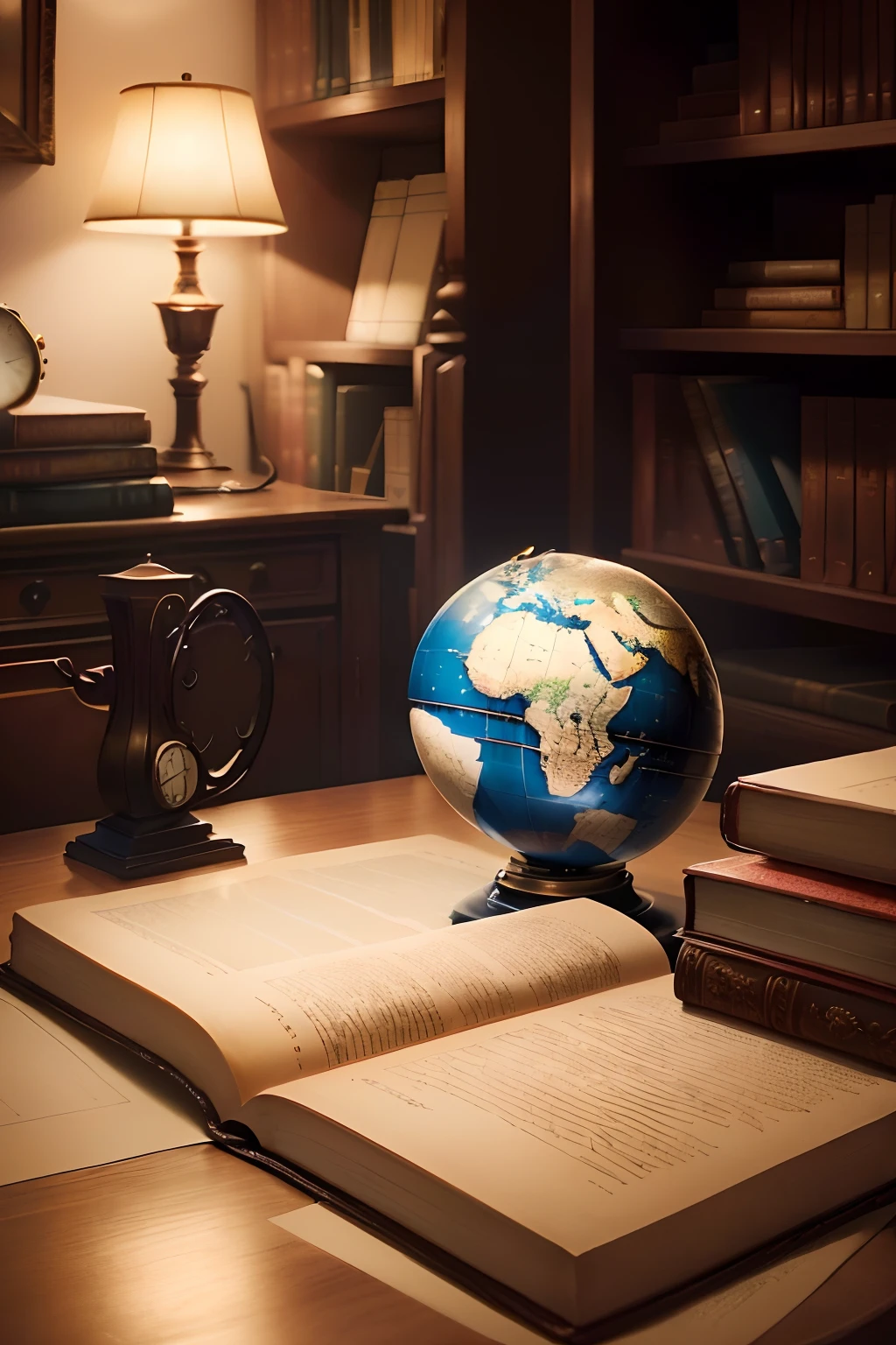 There is a globe on a table with books and a lamp, warmly lit posh study, estudo elegante, Mesas de madeira com livros, com um livro vintage em uma mesa, fundo da biblioteca, foto tirada, fundo da biblioteca tilt shift, biblioteca antiga, fundo interior da biblioteca, biblioteca empoeirada, fundo interessante, conhecimento intenso, foto de alta qualidade, biblioteca antiga, cozy and comfortable chair, Directed by: Kurt Roesch