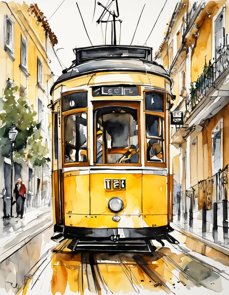 Simple illustration of a yellow Lisbon Tram 28e, with flat colors, front-facing perspective, bold black lines, on a white background.