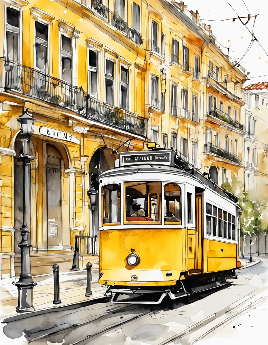 Simple illustration of a yellow Lisbon Tram 28e, with flat colors, front-facing perspective, bold black lines, on a white background.