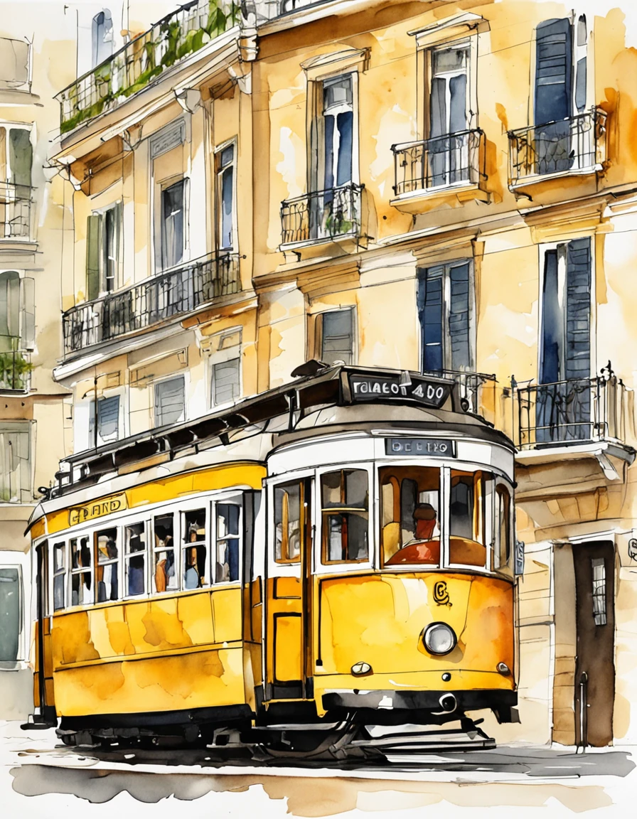 Simple illustration of a yellow Lisbon Tram 28e, with flat colors, front-facing perspective, bold black lines, on a white background.