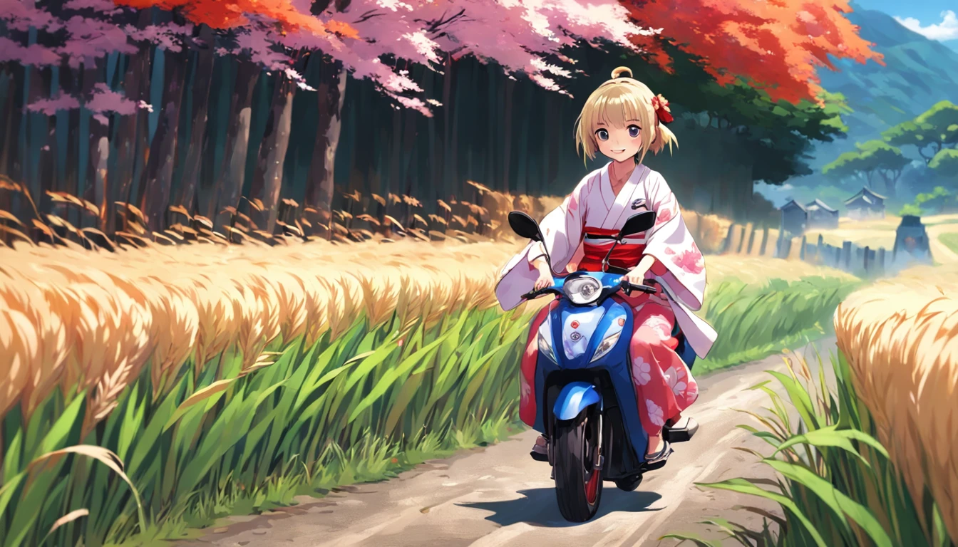 photoRealstic,Kaguya in a kimono, A smile, kawaii, accessorized, Girl riding motorcycle on summer rice field road