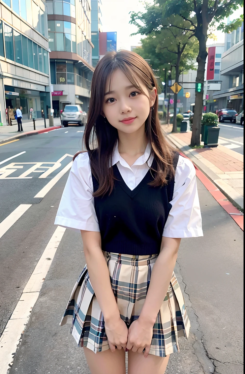sidewalk, RAW photo, 8K, highest quality, super high resolution, beautiful face details, real human skin, gentle expression, front view, angle from below, long hair, realistic, realistic, cute, short skirt, standing deep in the city, cute schoolgirl, japanese schoolgirl uniform, wearing Japanese school uniform, surreal high school girl, full body,