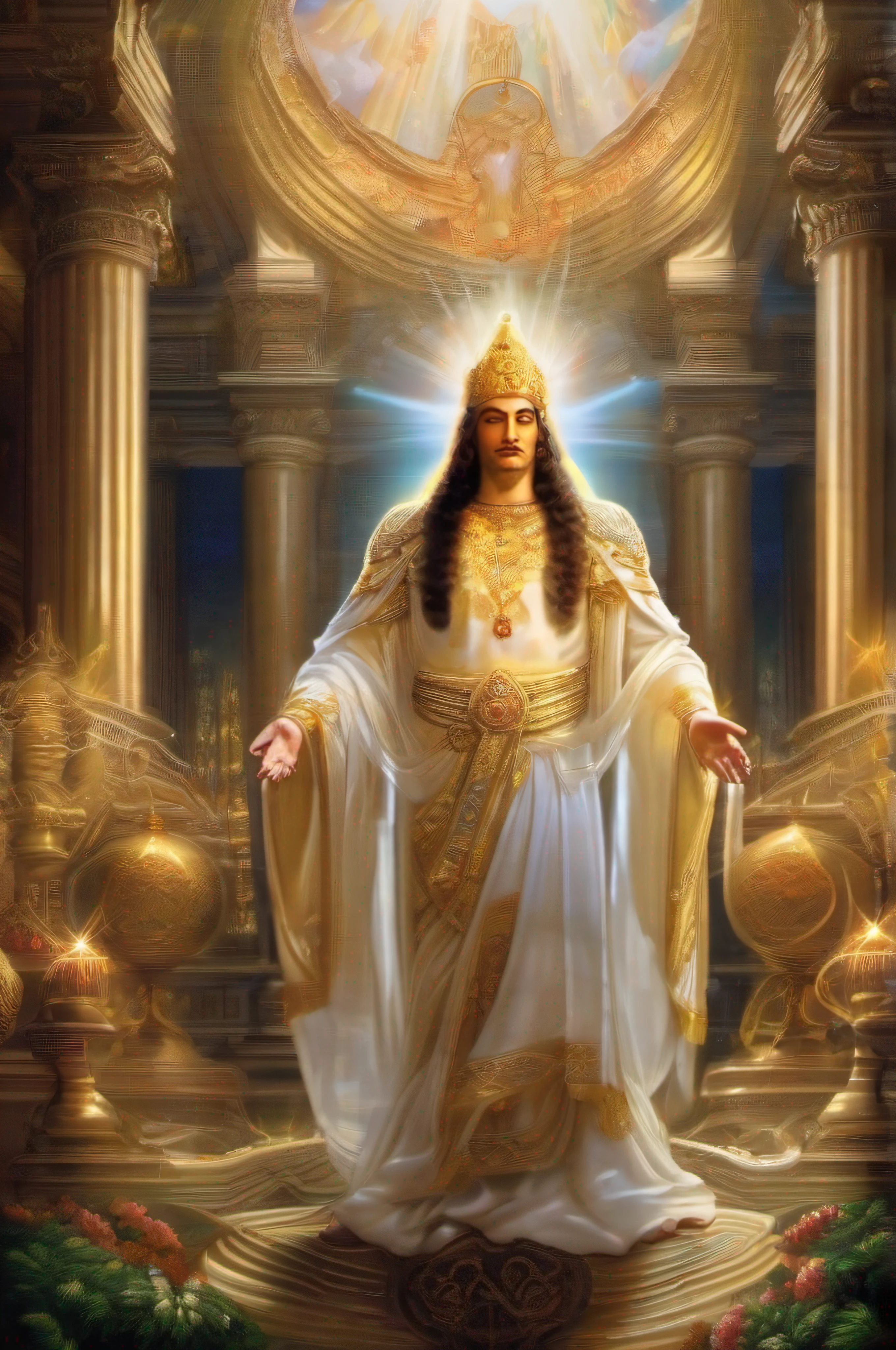 I give thanks to the teaching of supreme enlightenment, I expel evil, I pour the nectar of divine wisdom, I endure pain, I sense danger. I generate harmony in the universe, with courage, strength and protection of the Holy Trinity. I am born a second time through the doctrine of the Supreme Creator, illuminated and protected from the enemy., intricate details, perfect features, dramatic, Cinematic lighting, accent lighting, SSAA, smooth rendering, No noise --testp --com 2: 3 --video --no lazy prompts