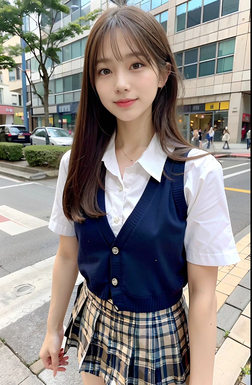 sidewalk, RAW photo, 8K, highest quality, super high resolution, beautiful face details, real human skin, gentle expression, front view, angle from below, long hair, realistic, realistic, cute, short skirt, standing deep in the city, cute schoolgirl, japanese schoolgirl uniform, wearing Japanese school uniform, surreal high school girl, full body,
