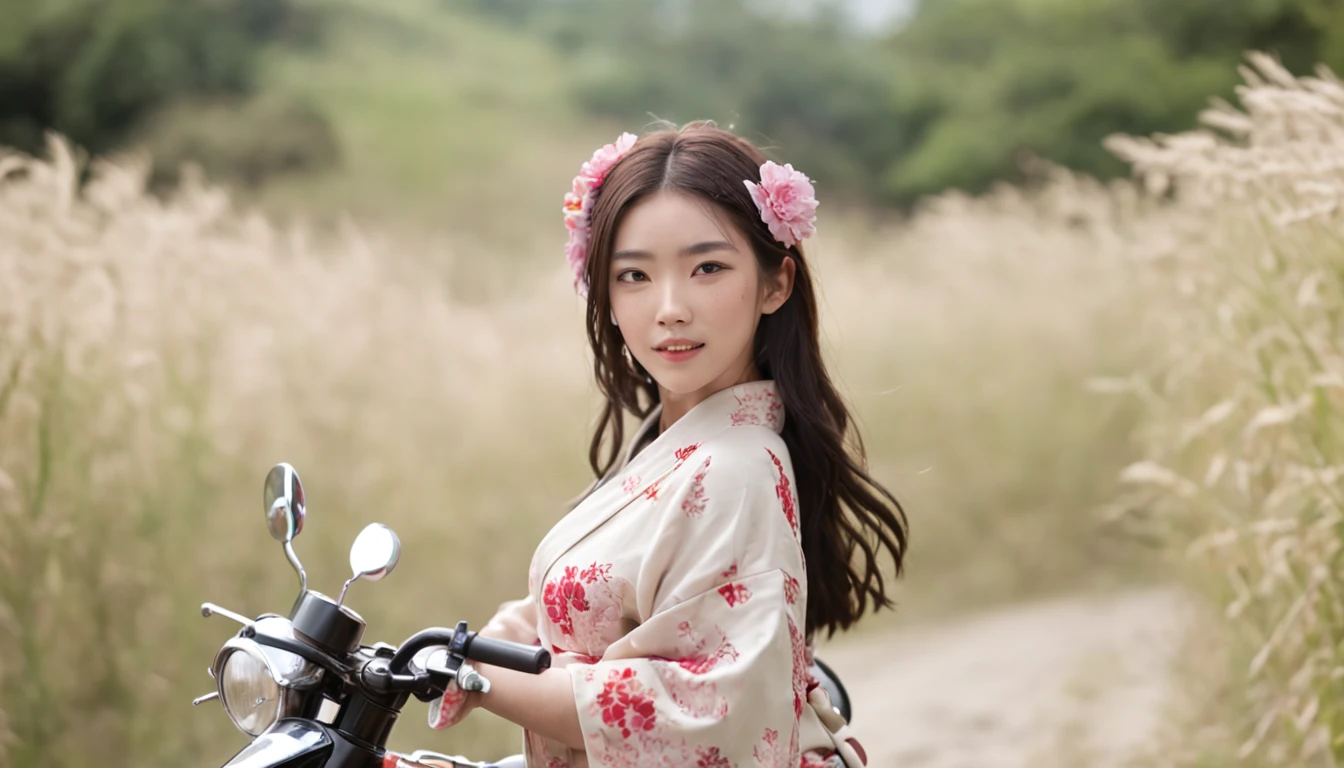 photoRealstic,Kaguya in a kimono, A smile, kawaii, accessorized, Girl riding motorcycle on summer rice field road