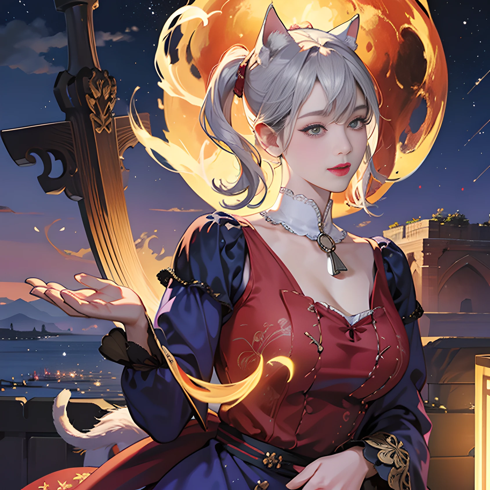 oppai, sakimichan, Realistic Young Gravure Idol, (masutepiece: 1.5), hight resolution, ( Best Quality: 1.6), (Best Quality: 1.4), (Fantasy Art), pale skin, (masutepiece), (Fantasy Art), wearing dress, Waiting for prey, Dark fantasy background (Best Quality: 1.5), Realistic, Red Eyes, Solo, fire, {beautiful, flushed face, detailed hair, fair skin, [big ass], mature, (luxury blouse:1.3), (Beautiful :1.2), dynamic, intelligent and a smile, short perm, red lips, thin chin}, Ultra quality, ultra resolution, detailed, absurd, incredibly, niji, Women in Their 20s, offcial art, unity 8k wall paper, ultra-detailliert, beautifly、Aesthetic, ​masterpiece, top-quality, Photorealsitic、5-Fingers、Perfect fingers、Beautiful fingers、Big eyes、Cat-eared clan、Cat's ears、very thick tail:1.5、very thick and long tail、dark brown eyes、Silver-white hair、shorth hair、Short-cut hairstyles、Collar with bell:2.0、Blue Short Dress、depth of fields, Fantastic atmosphere, Calm palette, tranquil mood, Soft shading、cobblestone road、Stone signpost、Rivers and bridges、Beautiful Landscapes、bbw、very large breast、plump figure、Sky with stars、crescent、Lamp light