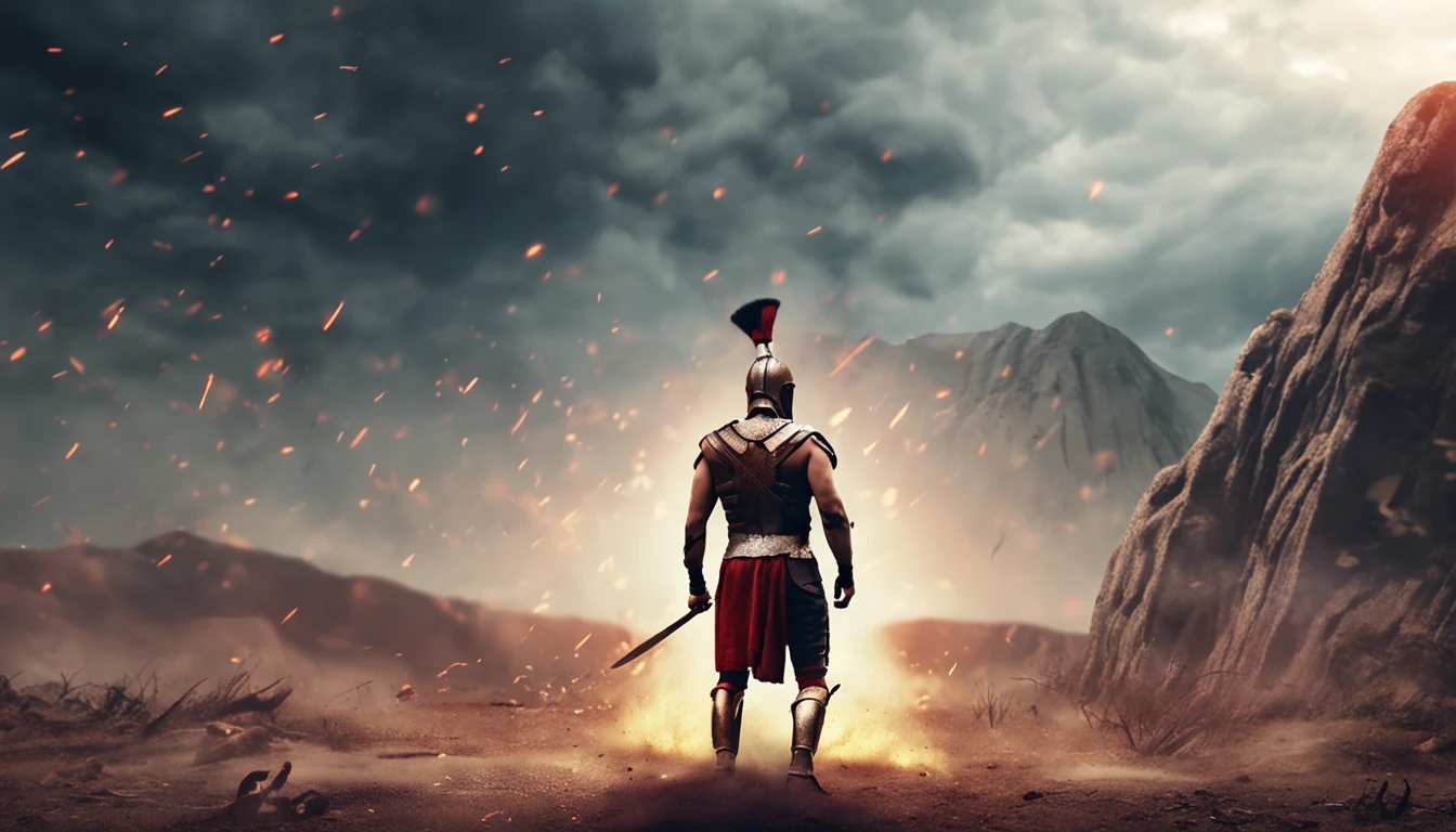 A INJURIED SPARTAN WARRIOR AFTER DEFEATED HIS ENEMIES, CREATIVE BATTLE BACKGROUND