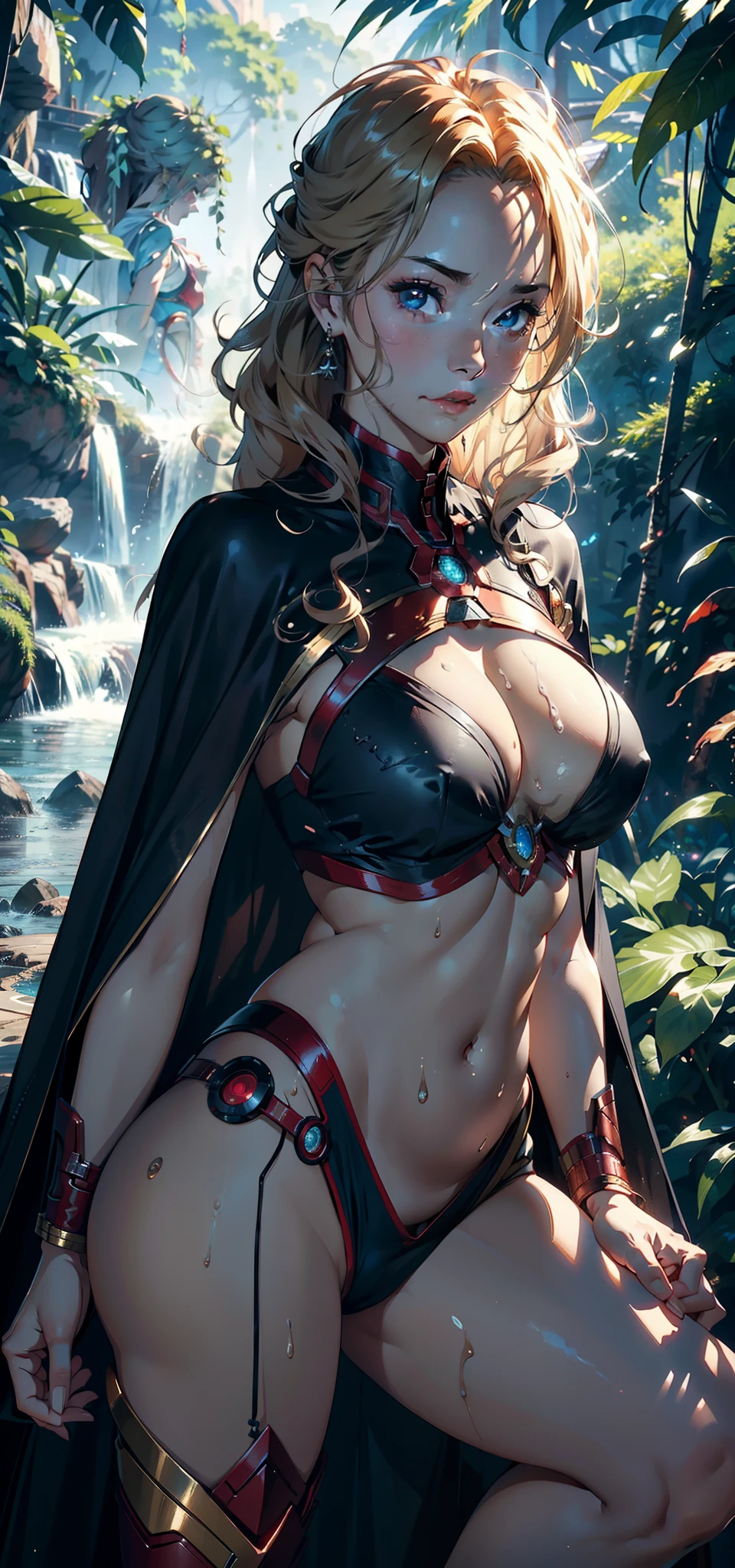 1female,41 years old,熟妇,plumw,Bigchest,Big breasts Thin waist,long leges,nice hand,Pornographic exposure, 独奏,(Background with:ln the forest,the rainforest,in summer,Water on the ground,exteriors) ,Stride,Sweat profusely,drenched all over the body,seen from the front,golden curly hair , mostly cloudy sky,(((tmasterpiece),(Very detailed CG unity 8K wallpaper),best qualtiy,cinmatic lighting,detailed back ground,beatiful detailed eyes,Bright pupils,(Very fine and beautiful),(Beautiful and detailed eye description),ultra - detailed,tmasterpiece,)),face to the viewer,frontage,A high resolution,ultra - detailed)nakeness,Wipe off panties,revealing breasts,Bare genitalia, Bulge,Camel toes,Raised sexy,Lewd expression,Flushed complexion,Open-mouthed,frontage,Iron Man(Wearing:Cloak,Iron Man uniform)