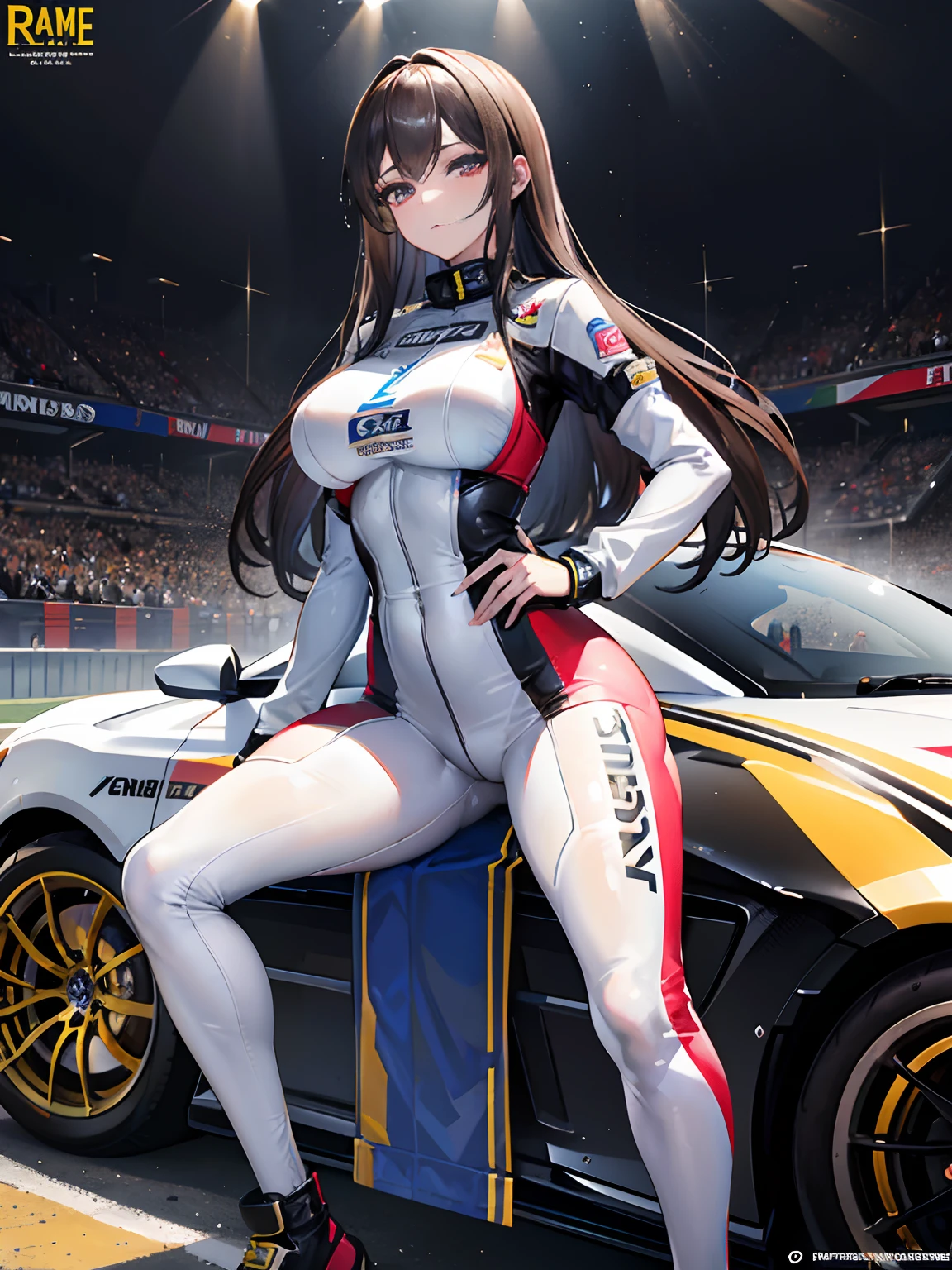 Unreal Engine 5 Realistic Rendering, cosplayer, Random Posing, Race Queen、Uniform with logo、 Exquisite beauty、Beautiful face, Body shape of slim model, Colossal tits, shiny, wet shiny body, dark brown skin, neons、Large crowds、audience、Forming an emperor、Drag racing、Midsommar Racing Circuit、racing car、Lower grade、crowd、spectators、