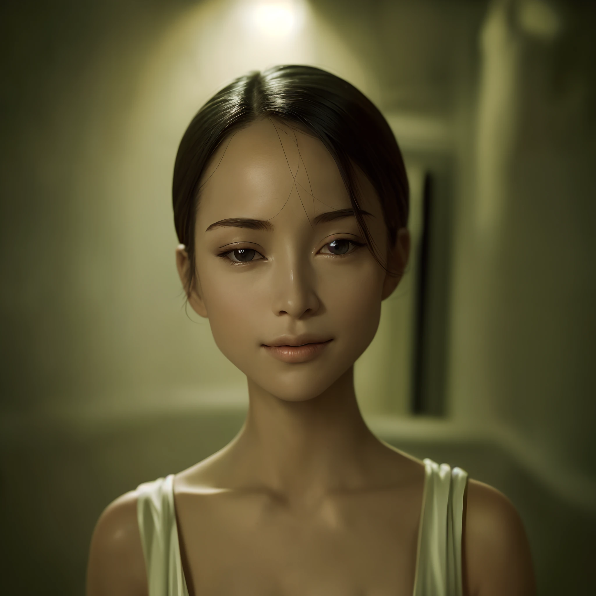 "Captivating photographic portrait of a (woman), meticulously composed with the rule of thirds (1.05), enhancing her features with a shallow depth of field and natural lighting. Stunning clarity (1.1) reveals an authentic expression that truly captures the essence of the subject.", (Knowledgeable smirk, half closed eyes)