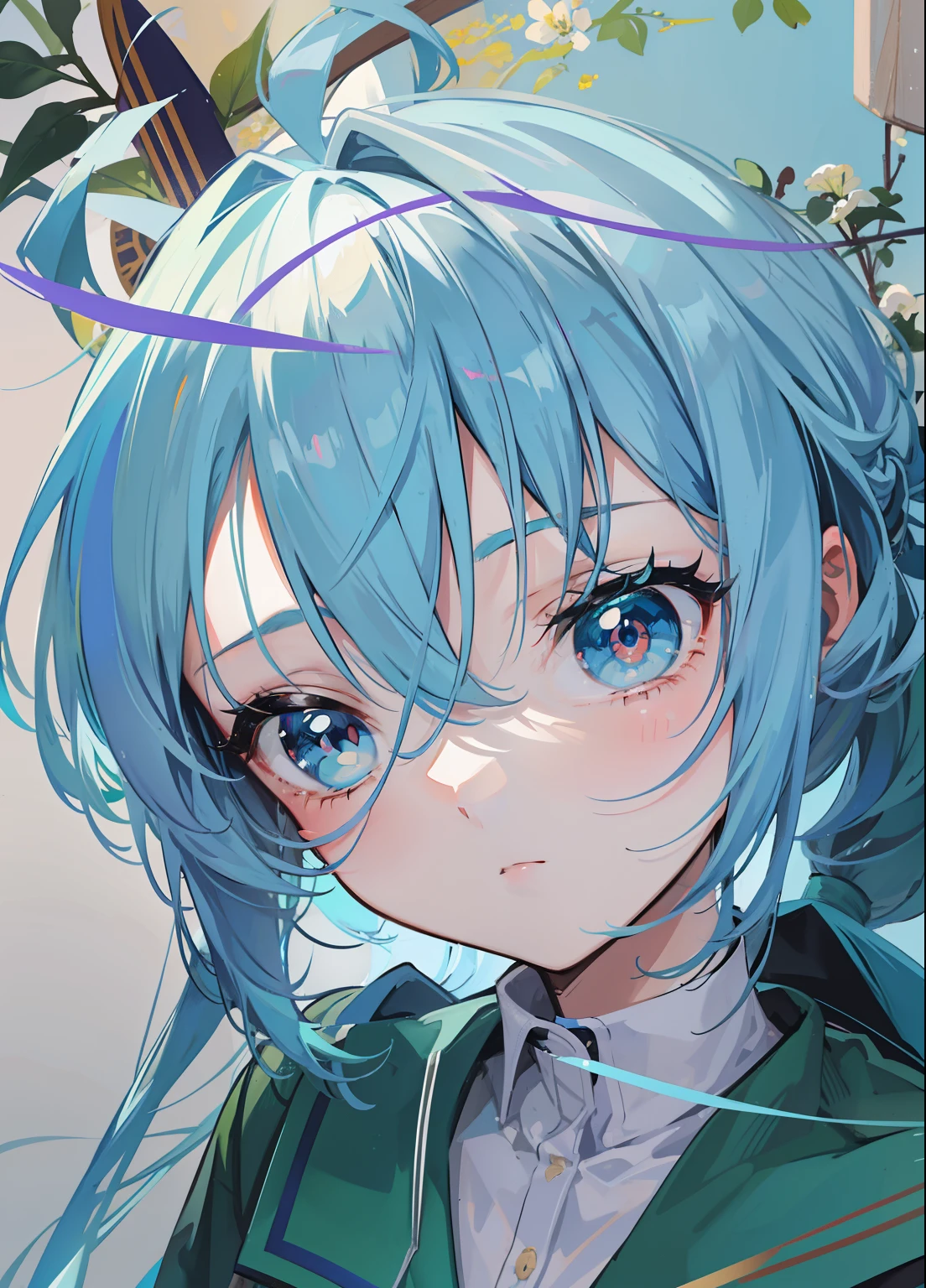 lightblue hair，dual horsetail，Blue pupil，Green and white school uniform，A cute cute girl