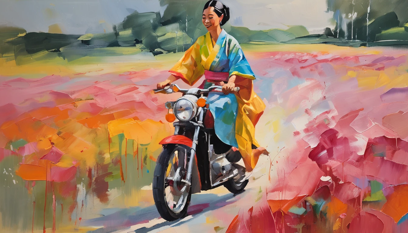 photoRealstic,Kaguya in a kimono, A smile, kawaii, accessorized, Girl riding motorcycle on summer rice field road