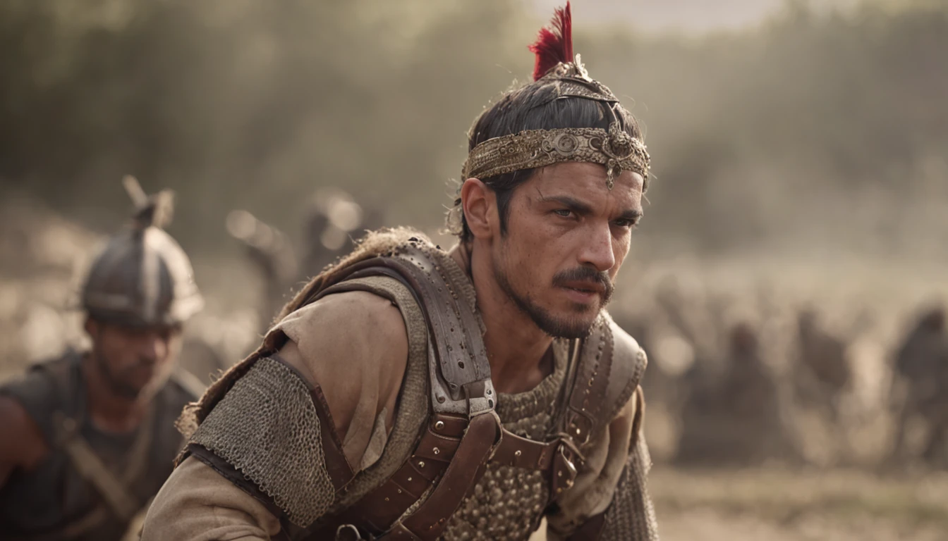 Um guerreiro espartano ferido, exhausted after defeating his enemies in an epic battle, dramatic and detailed battle background.