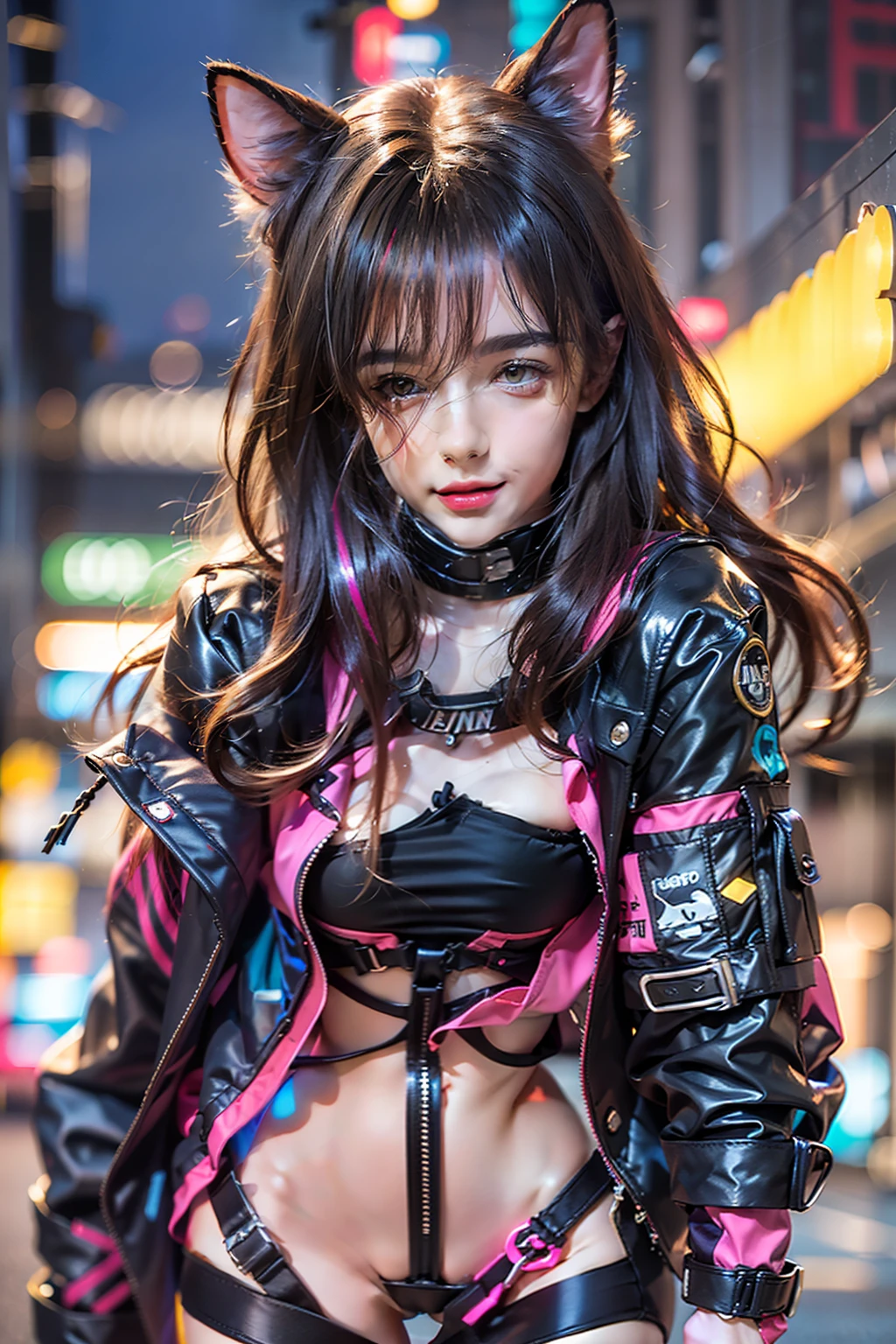(Raw photo, Best Quality, masutepiece:1.2), (Realistic, Photorealsitic:1.4),(masutepiece:1.4),(Best Quality:1.4), ((Sexy and cute Japan cyberpunk cat girl)), ((Slender body)), Big breasts, :D, (Bangs), blush, ((Colorful Body Harness)), ((Dynamic Pose)), Cowboy Shot, (((Cyberpunk street background))), Hair intake, ((shapeless long hair)), Glowing neon accents, Looking at Viewer, side locks, Smile, (((Thigh gap))), thighs thighs thighs thighs, Twin-tailed, Very long hair, Multicolor Hair, Alice \(nikke\),(Shiny skin),Realistic.