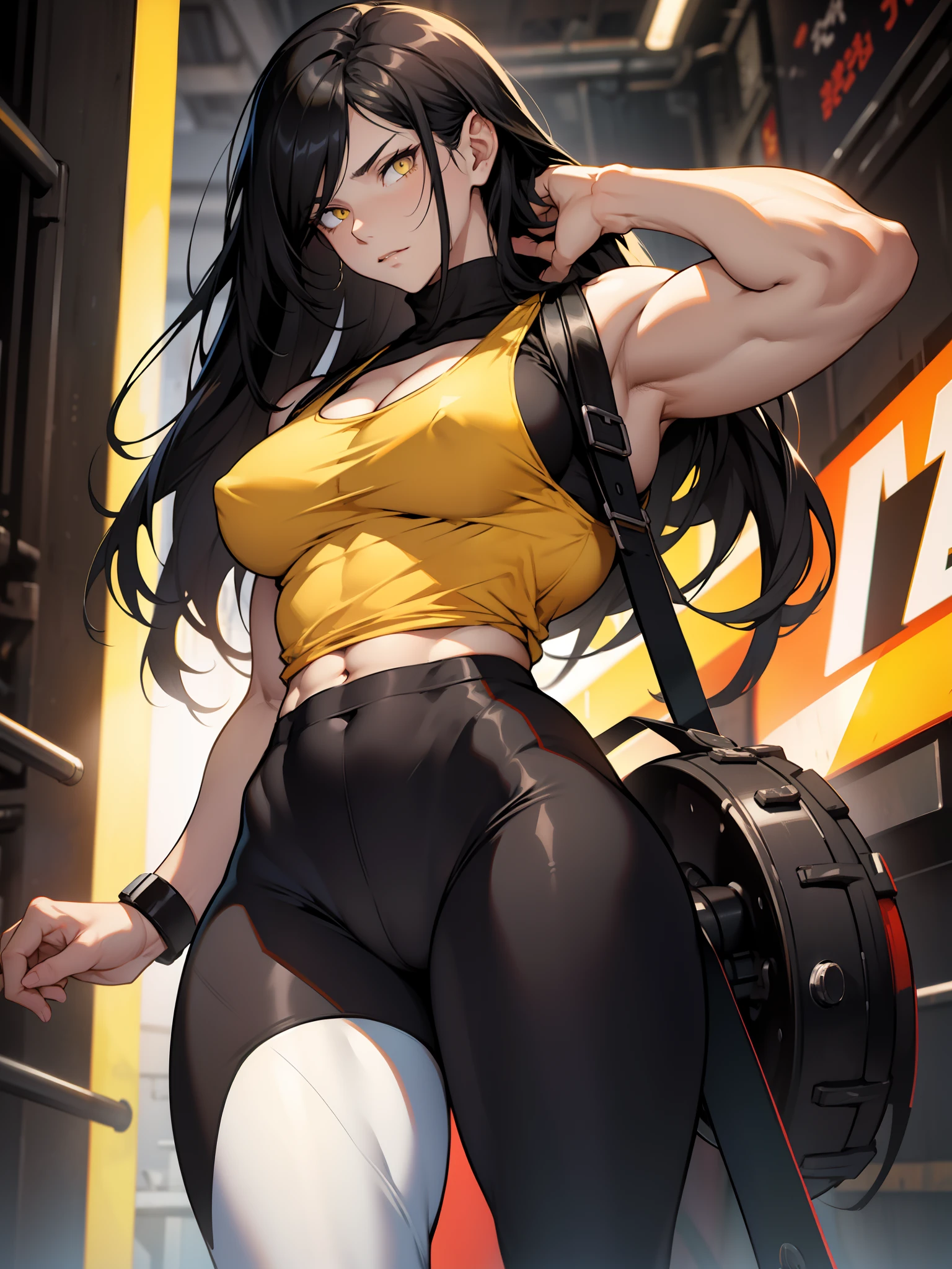 black hair, extremely long hair, yellow eyes, pale skin, muscular, large breasts, thick thighs, mad, leggings, tank top, blurry background, tall