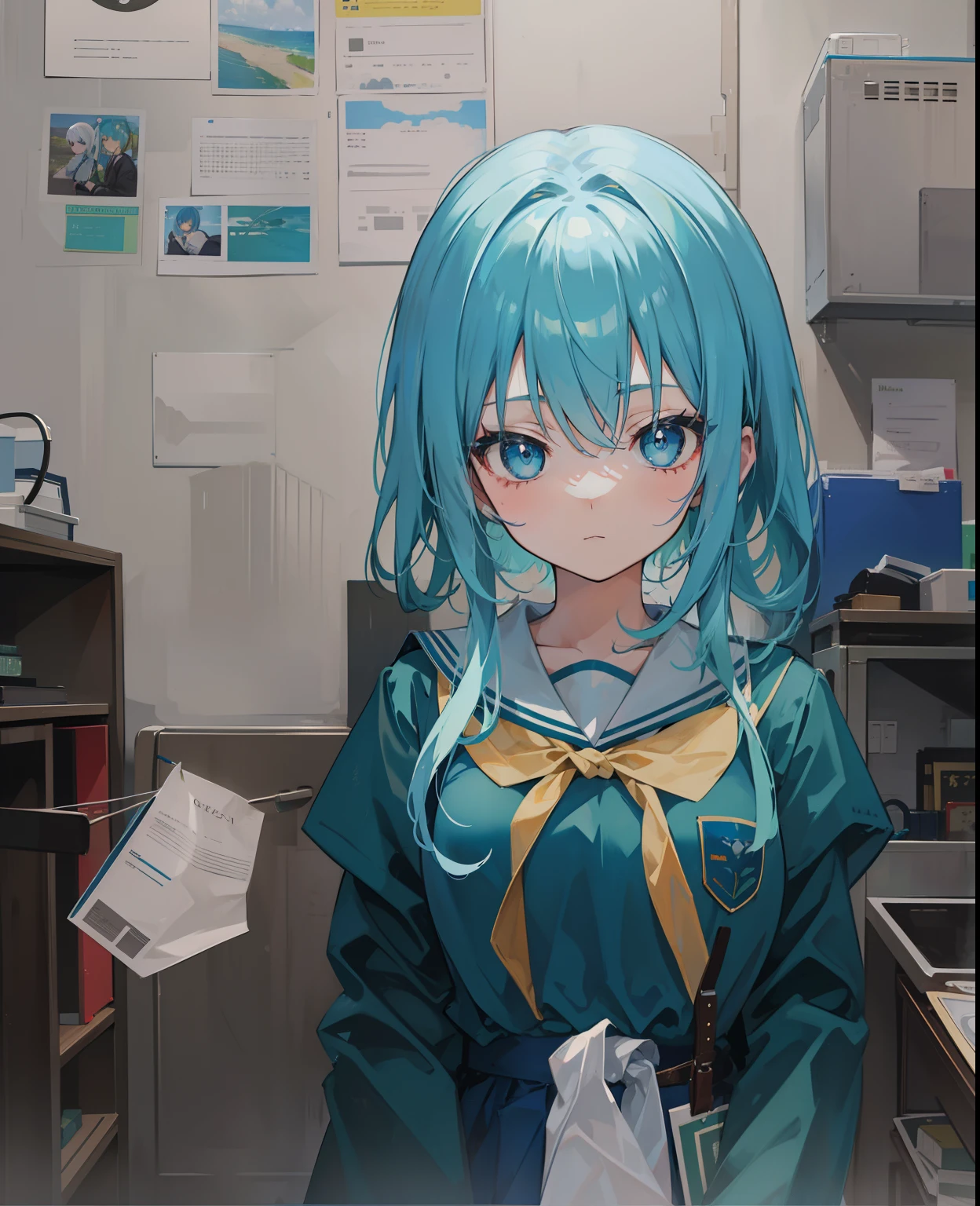 lightblue hair，dual horsetail，Blue pupil，Green and white school uniform，A cute cute girl