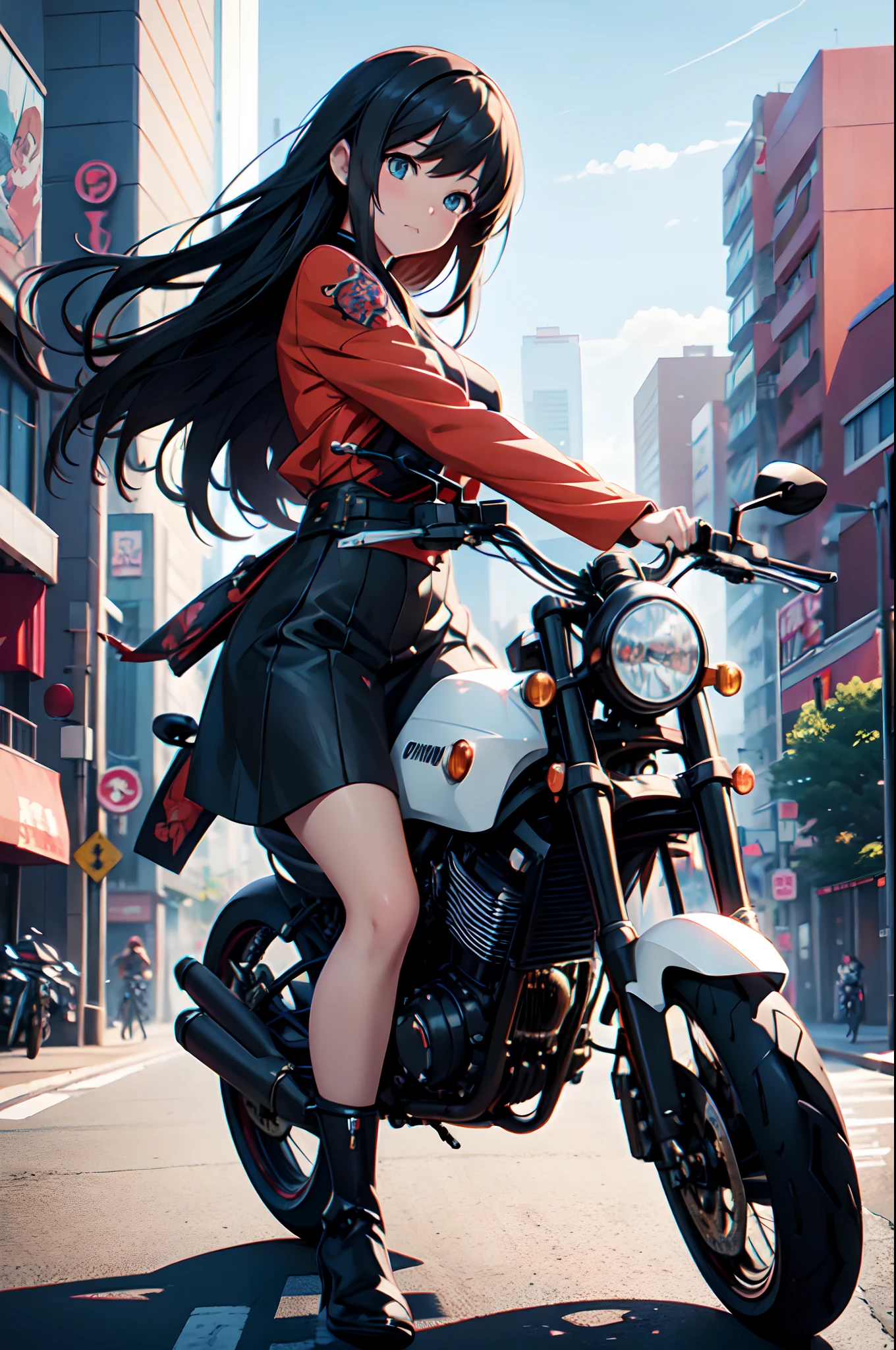Anime girl riding motorcycle on city street with buildings in the background, artwork in the style of guweiz, guweiz, guweiz on pixiv artstation, guweiz on artstation pixiv, Girl in kimono, akira motorcycle, motor cycle, cushart krenz key art feminine, akira motorcycle, from arknights