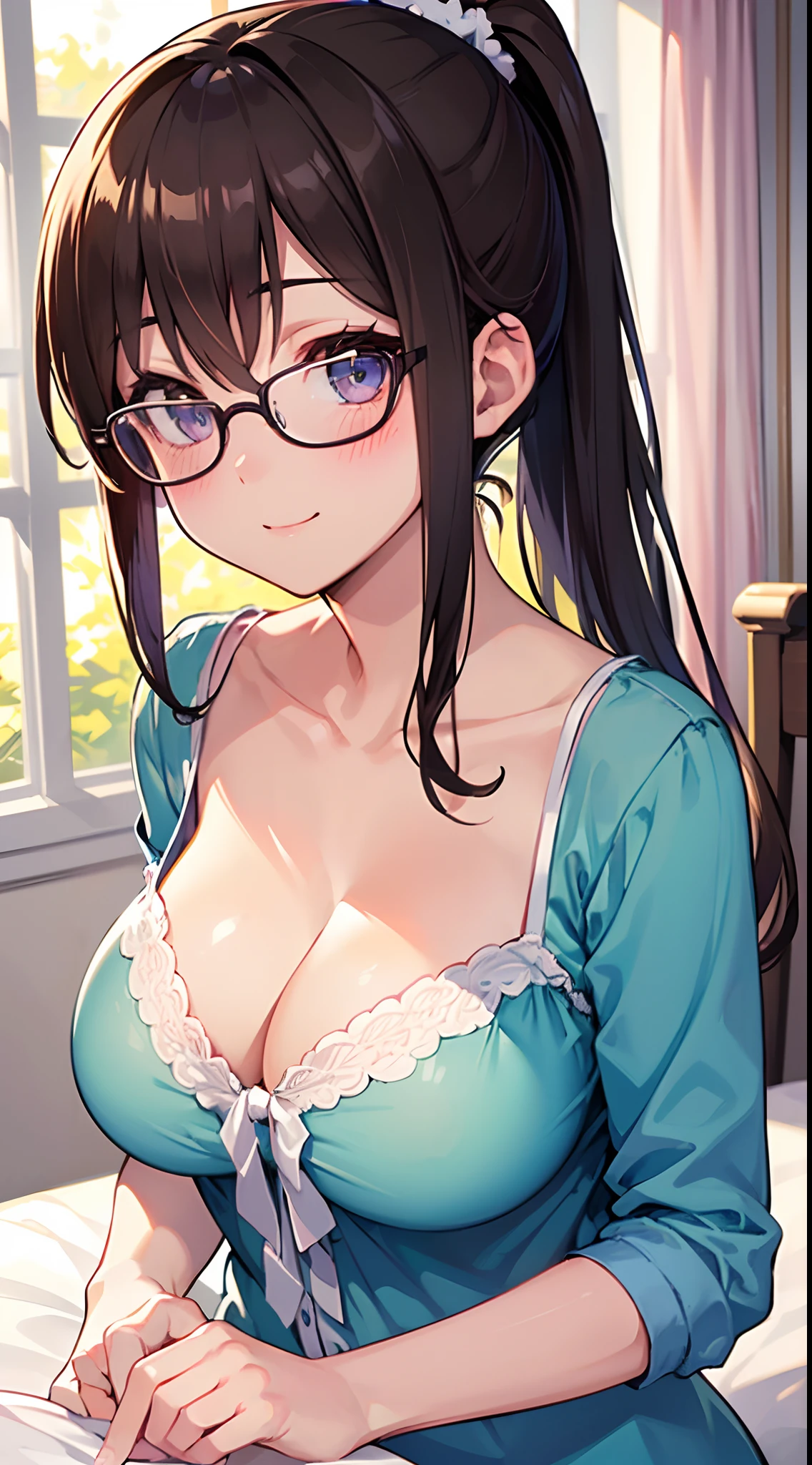 ((masterpiece)), ((best quality)), (ultra-detailed), ((kawaii)), cute, (lovely), ((extremely detailed)), 4K, (8K), best quality, (beautiful), anime style, upper body, focus on the face, in the room, on the bed, morning, summer, a cute girl, 1girl, solo, pajama, beautiful light brown hair, beautiful purple eyes, ((beautiful eyes)), white-skinned, ponytail, large breast, glasses, light smile, blush, lens flare