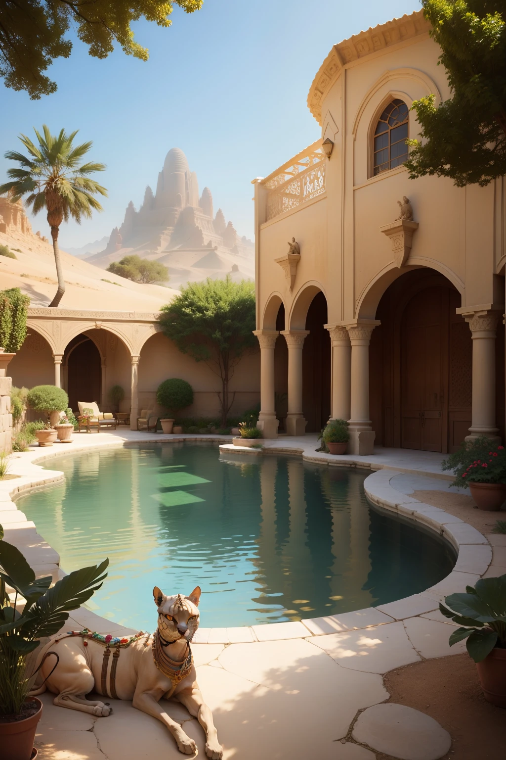 complete oasis, near a sphynx and camels
