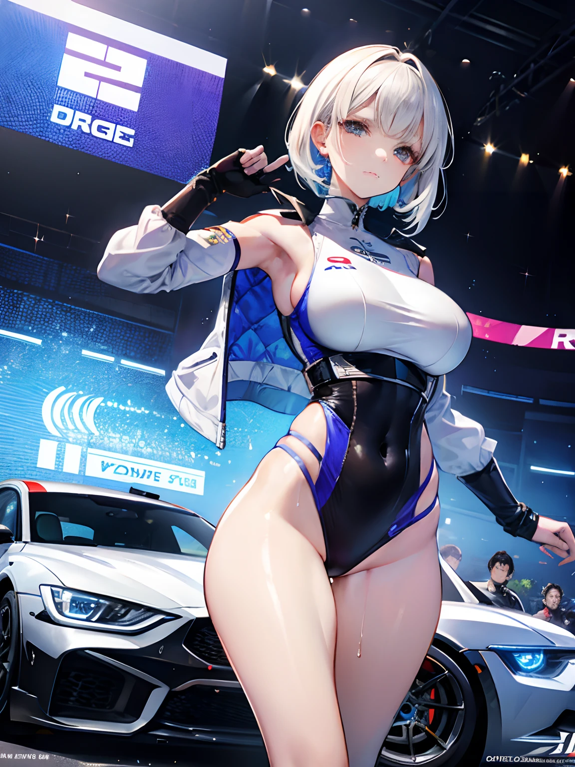 Unreal Engine 5 Realistic Rendering, cosplayer, Random Posing, Race Queen、Uniform with logo、 Exquisite beauty、Beautiful face, Body shape of slim model, Colossal tits, shiny, wet shiny body, short white hair, dark brown skin, neons、Large crowds、audience、Forming an emperor、Drag racing、Midsommar Racing Circuit、racing car、Lower grade、crowd、spectators、