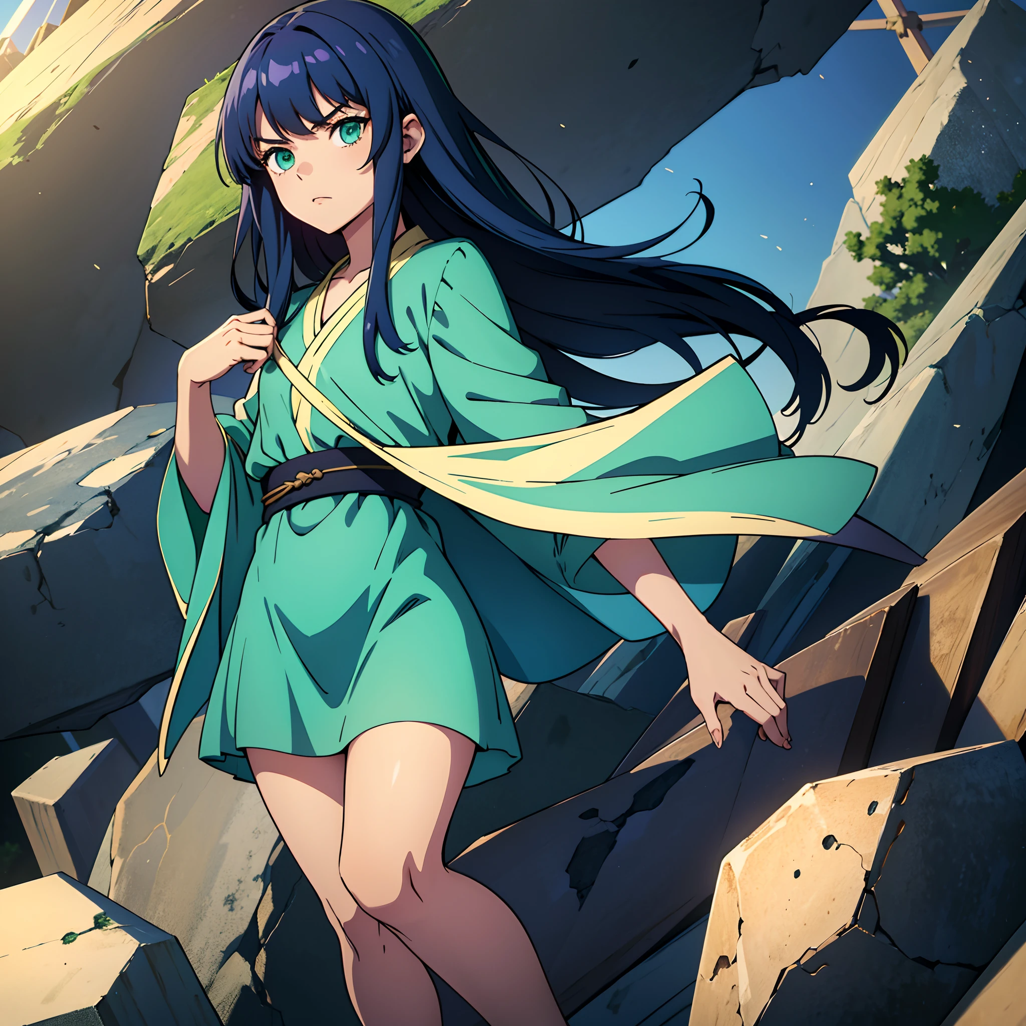Best quality, best resolution, Young girl, little child, Long messy hair, dark blue hair, precious blue tunic, detailed robe, looking menacingly at viewer, emerald green eyes, flying rocks in background