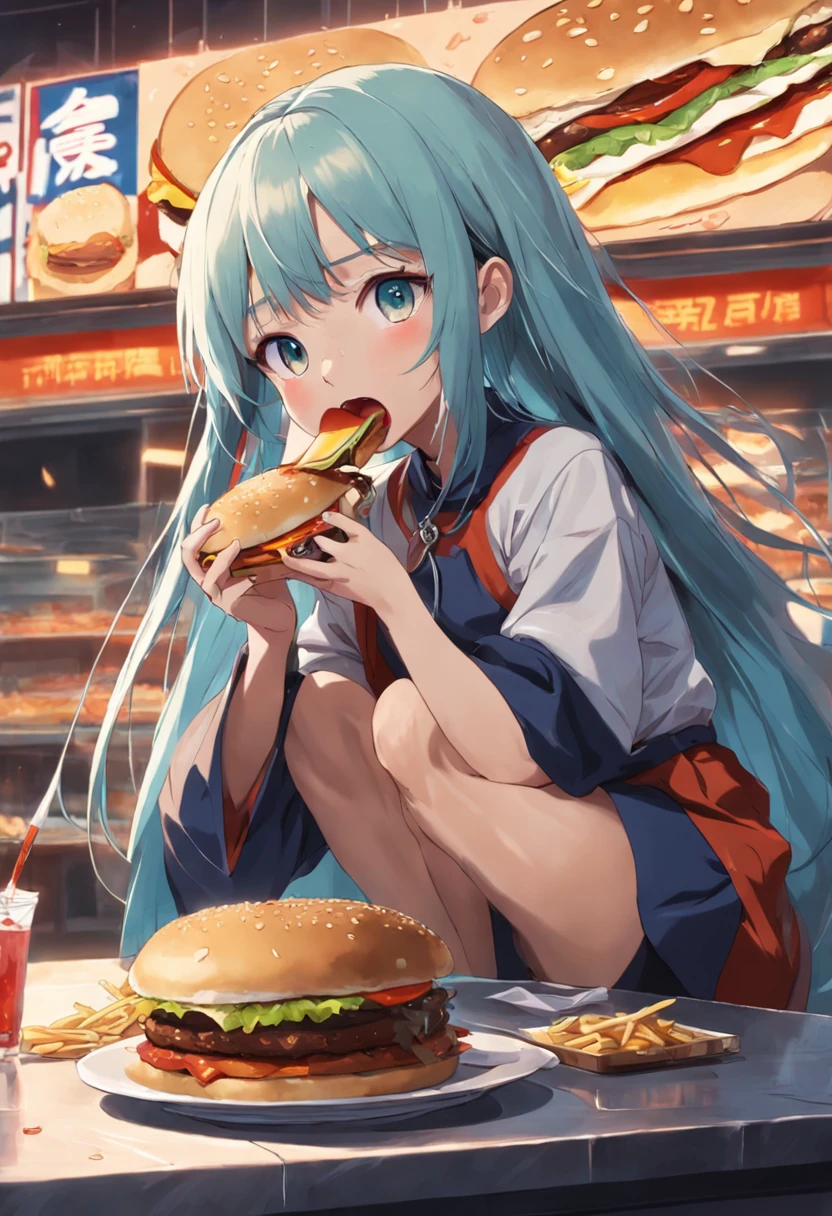 A masterpiece of the tricolor cat eating a hamburger