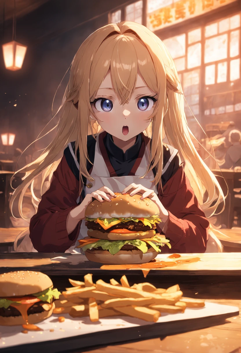 A masterpiece of the tricolor cat eating a hamburger